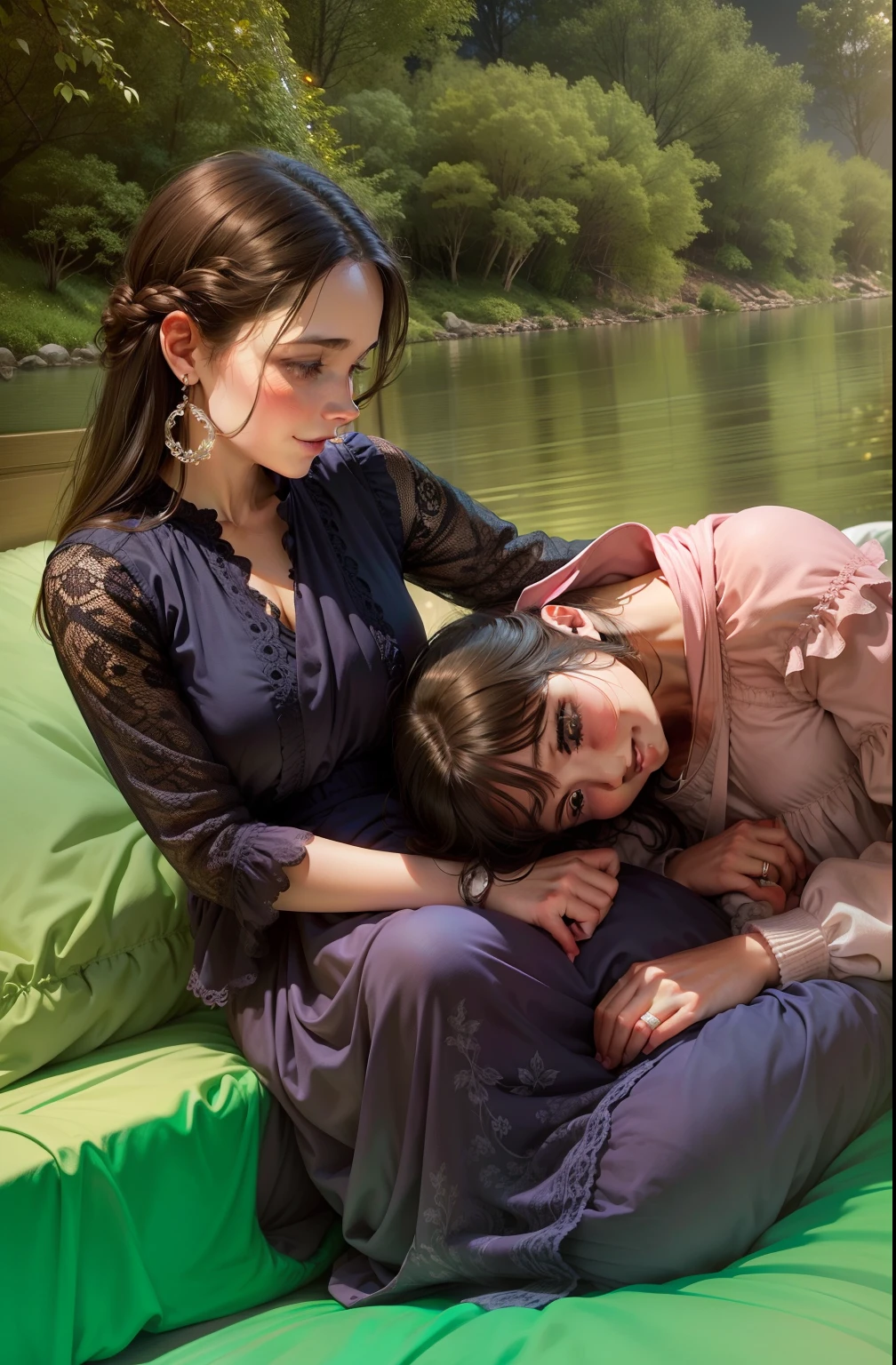 Mom in the bedroom,Holding a cute girl in her arms,8K,k hd,Mom smiled,The littlewas smiling,The eyes are round,incredibly detailed,Sharpen,the detail +superbly fine details+Night of lights+perfectionism+award winning realism((Moody light))