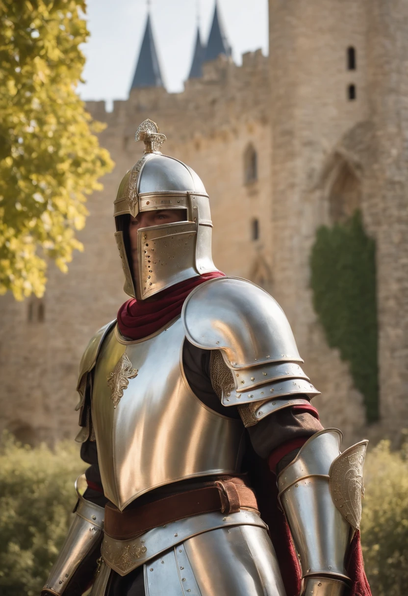 "Majestic royal knights,Wearing shiny armor,majestic-looking, Towering high in front of the magnificent castle, Embodies valor and nobility, Surrounded by a mysterious aura. The knight's armor shines with gold accents, Showcase intricate details and craftsmanship. The castle is decorated with soaring spires and elaborate stained glass windows, Exudes grandeur and ancient beauty. The scene is bathed in warm sunlight, Cast soft shadows and highlights, Enhance the majesty of knights and castles.+"