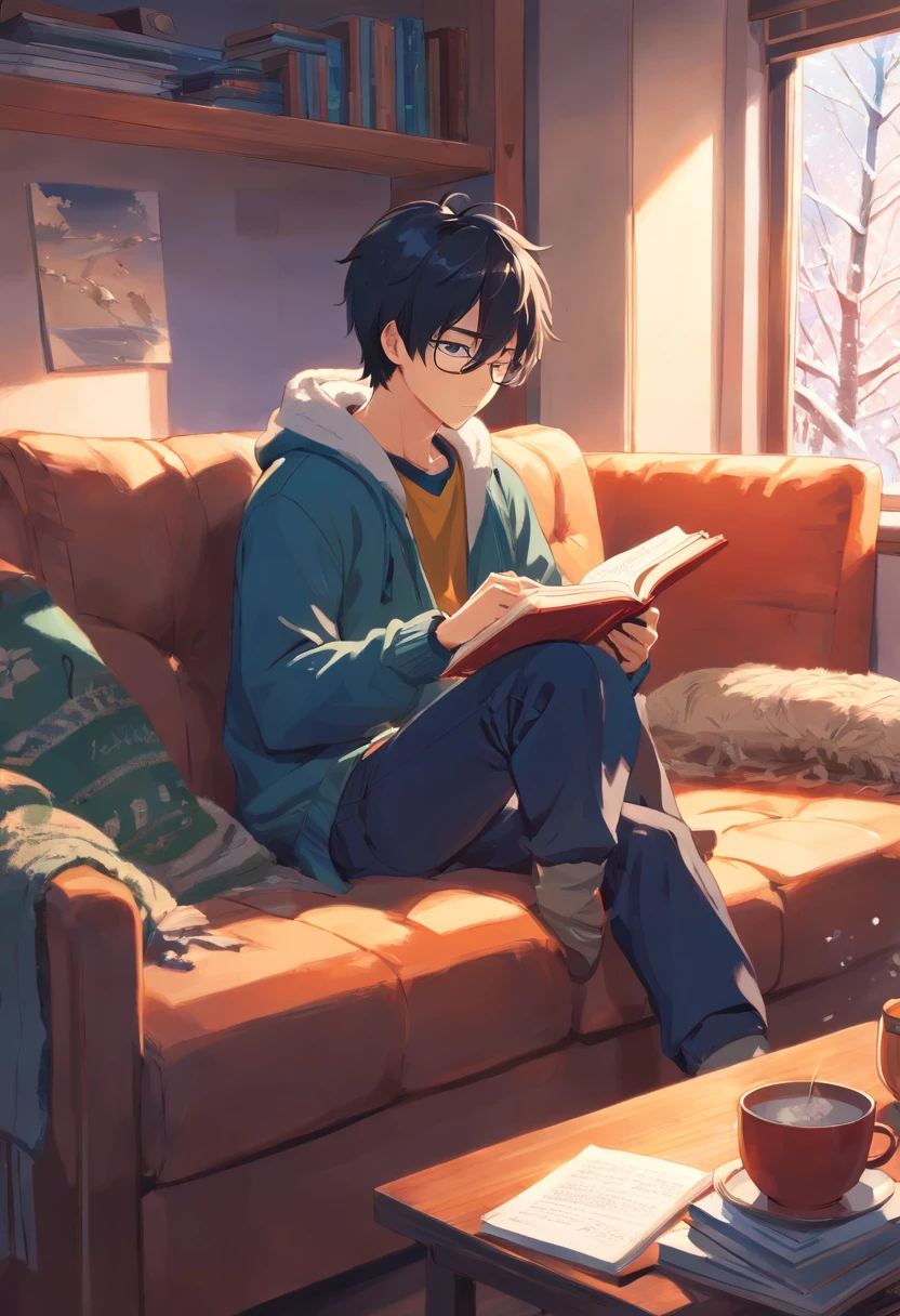 boy, 20 years old, black hair, winter clothes, sitting on sofa, reading, warm, indoors, winter