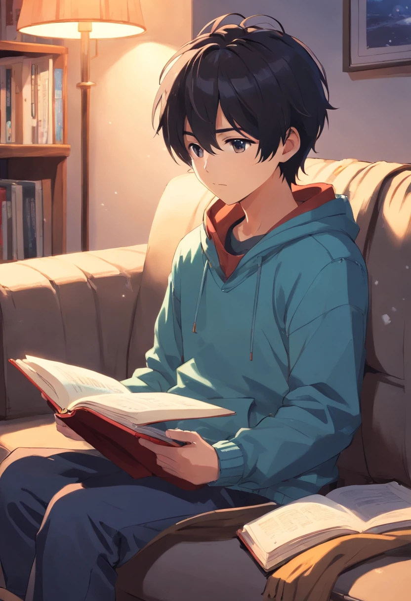 boy, 20 years old, black hair, winter clothes, sitting on sofa, reading, warm, indoors, winter