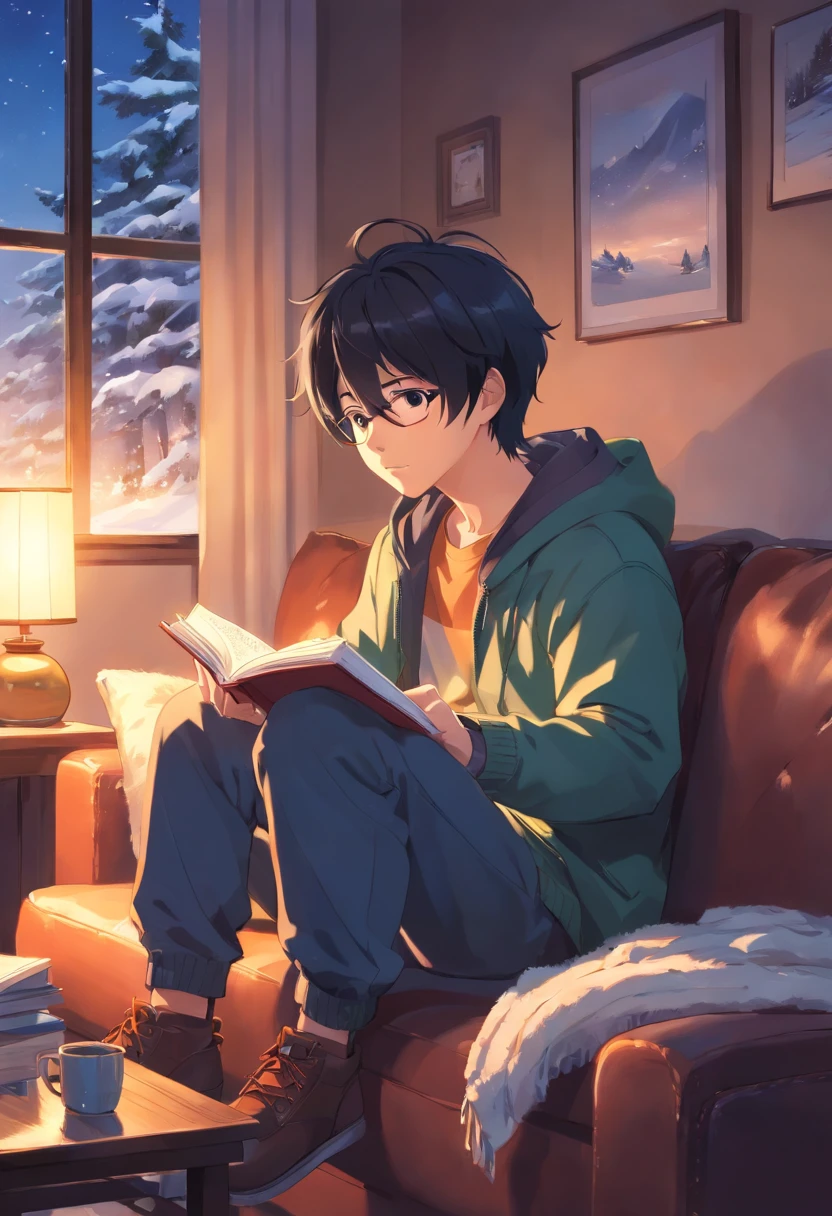 boy, 20 years old, black hair, winter clothes, sitting on sofa, reading, warm, indoors, winter