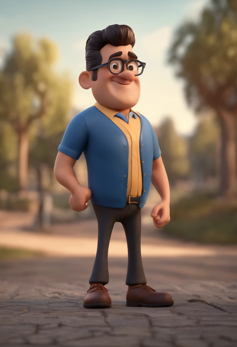 Cartoon character of a man with black glasses and a blue shirt, animation character, Caractere estilizado, animation style rendering, 3D estilizado, Arnold Maya render, 3 d render stylized, toon render keyshot, Personagem 3D, Personagem 3D, 3d rendering stylized, 3 d character render, personagem de desenho animado, Personagem de close up, Pose de personagem,  (Estilo Pixar) (master part:1.2) (Bokeh) (best quality) (pele detalhada) (textura detalhada) (8k) (argila) (Cinematic lighting) (foco nítido