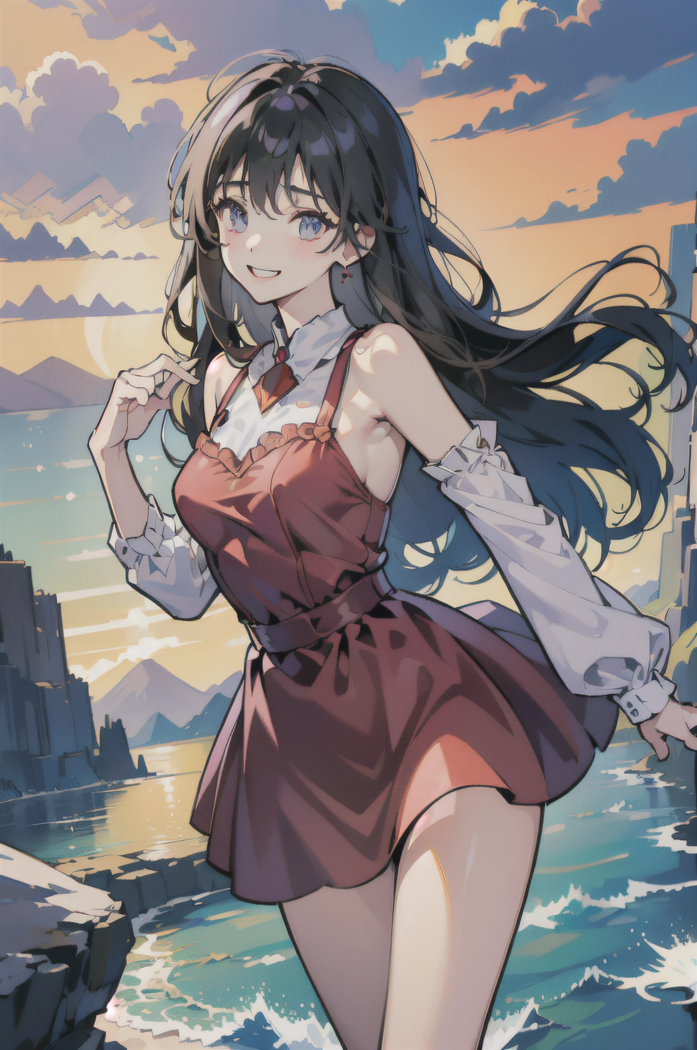 (in 8K、top-quality、​masterpiece:1.2)、1人の女性、(Smiling smile:1.1)、beautidful eyes、Valley、The upper part of the body、shorth hair、Like a boy、Colossal tits、Purple View、