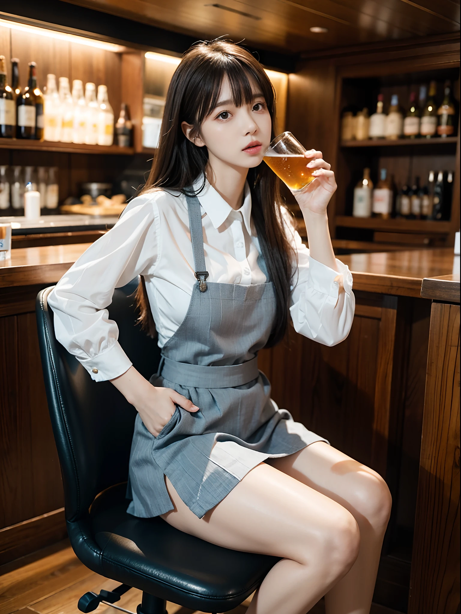 natta、In the tavern、sitting in the chair、Full body、Wearing a suit,I'm wearing a skirt、Chugging beer from a large transparent mug,Super Real、ultra-detailliert, oblique bangs、 masuter piece, top-quality,realskin,(portlate:1.5), 1girl in,, The long-haired、looking upwards、Looking at the camera