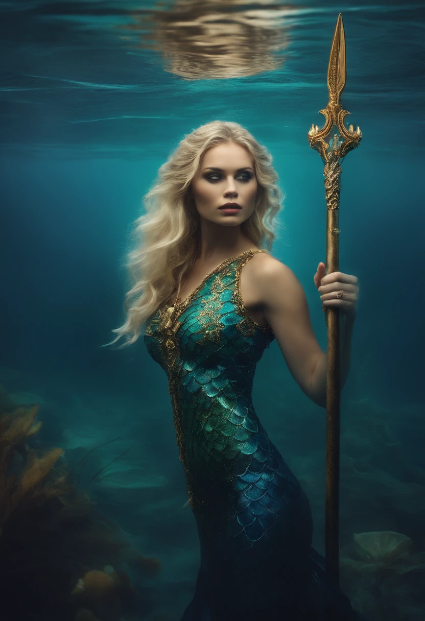 Square photo mermaid queen with blonde hair holding a trident floating in the water