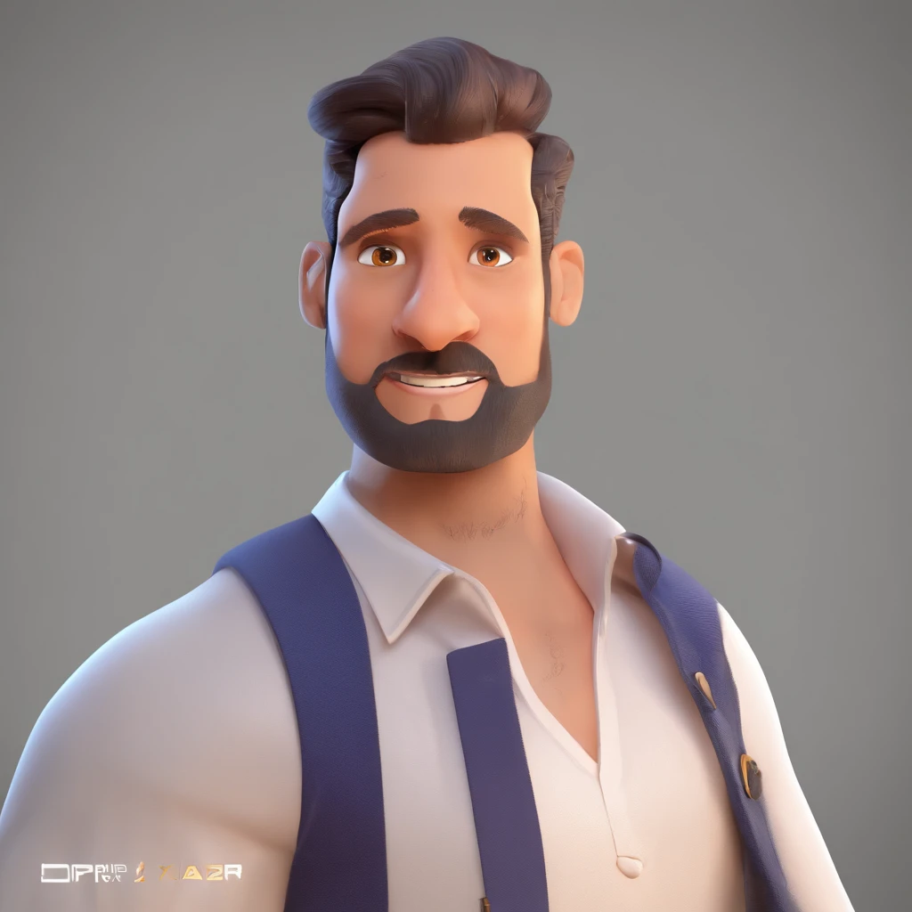 Criar um personagem no estilo Pixar. Trata-se de um homem de 30 anos, com barba, Branco, com cabelos castanhos curtos e um quiff, e olhos castanhos. Ele deve estar na frente de um computador, Trabalhar como designer