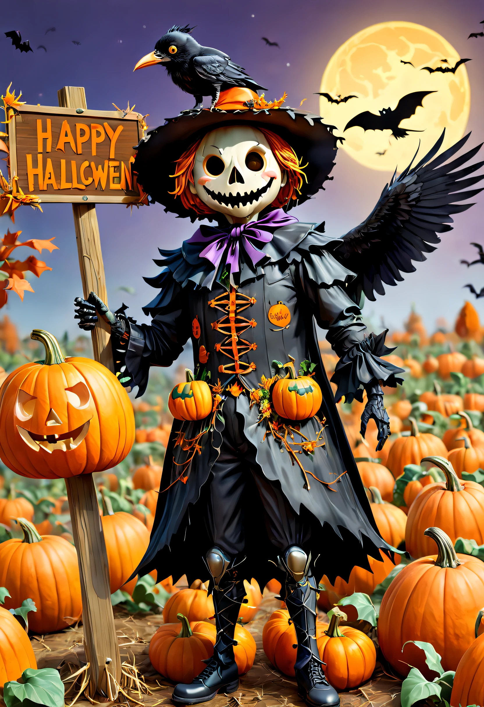 (8k, 16k, award-winning, highest quality, high resolution, intricately detailed, ultra-detailed, anatomically correct, masterpiece: 1.3), Scarecrow in Halloween costume in pumpkin patch, crow perching on shoulder, And a cheerful, simple and fun illustration "Happy Halloween" signboard,pop-art