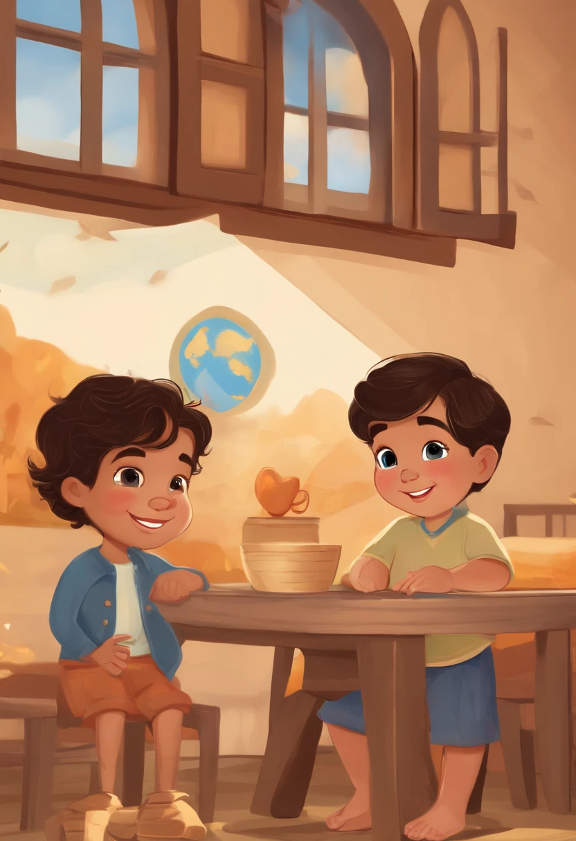 Boy: Miguel, approximately 5 years old, short Disney style hair, brown eyes and smiling. Girl: Giovana, 2 years old, long black hair and blue eyes. Scenario: Miguel and Giovana are in a cozy little house in the valley, in the background a sunny day, highlighting the sun.