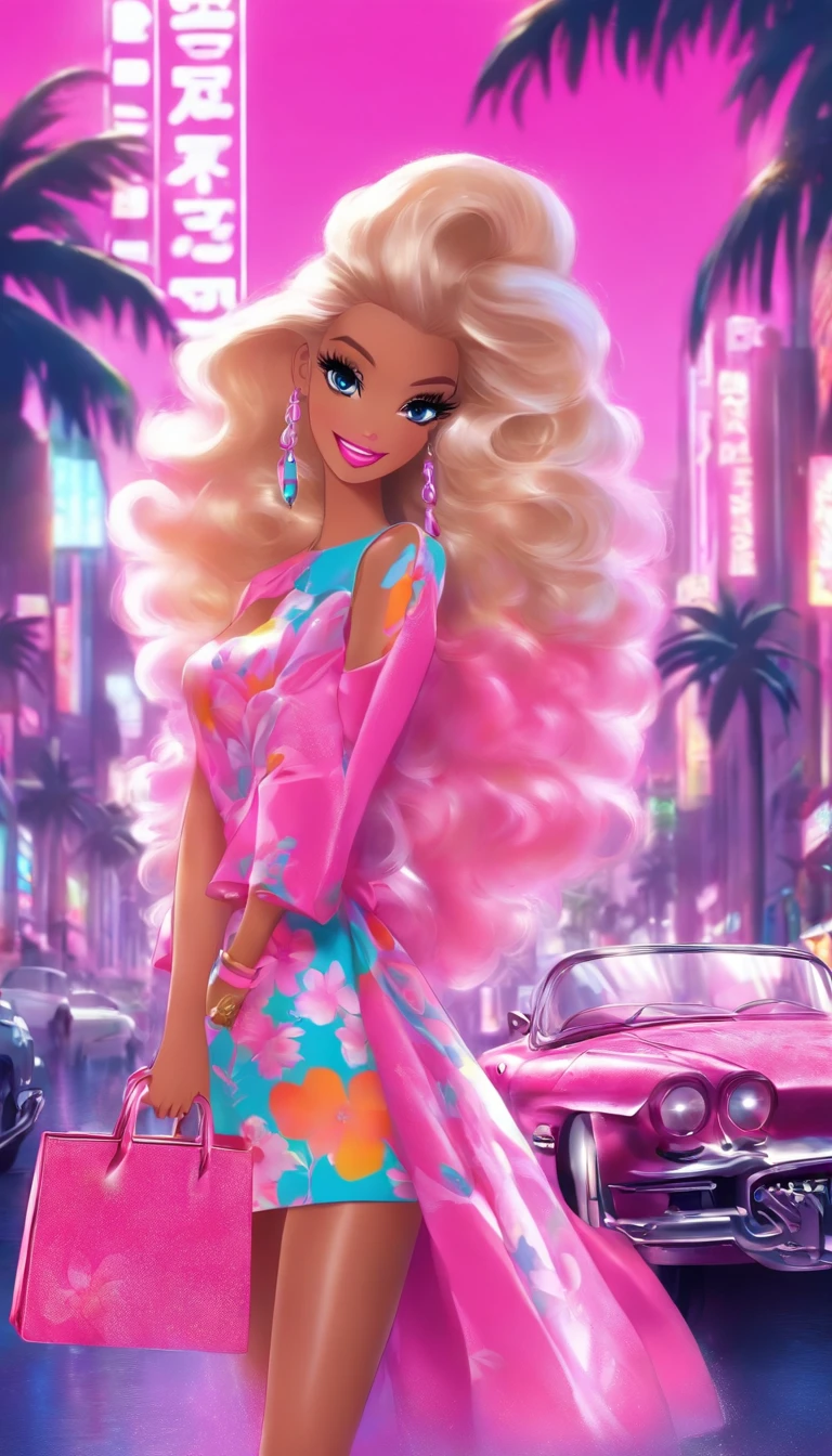 Make another scene with the same style, Barbie is now out of the perfume shop, Now she's holding a perfumery bag, Ela estava prestes a entrar no carro, your car is a Corvette C1, rosa e branco, Corveta C1, Ela usava um vestido xadrez rosa e branco，O pano de fundo mostra uma cidade com 80 estados, There are palm trees and many pink flowers.