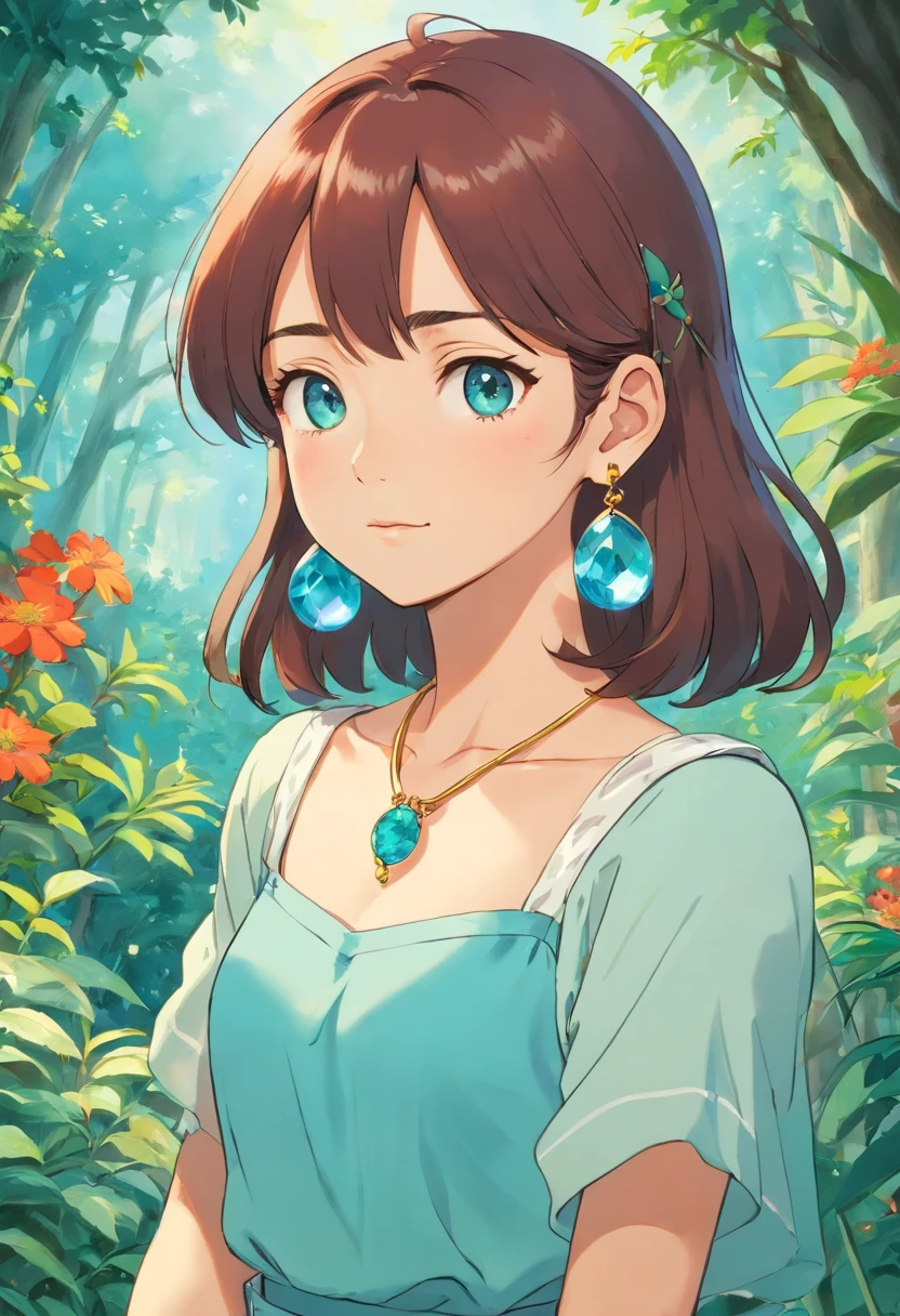 A girl wearing an anime collar, A long necklace and earrings, inthe style of tranquil gardenscapes, colorful animation stills, Masami Teraoka, aquamarine, Paul Gauguin, Amber style, Honest portrayal