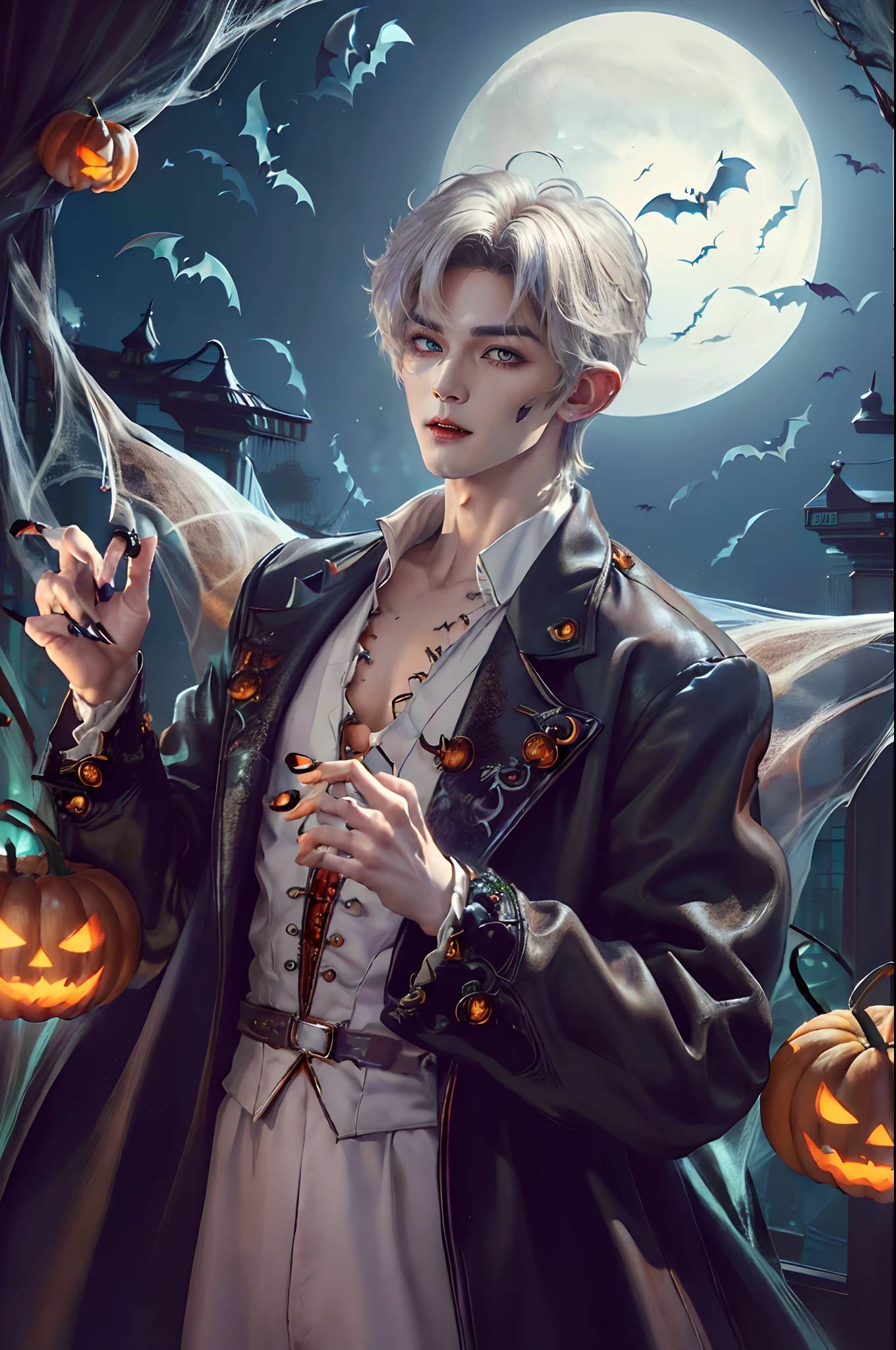 ((4K works))、​masterpiece、（top-quality)、((high-level image quality))、((One Manly Boy))、((Vampire Man))、Slim body、((Fashion of an attractive vampire man))、((Halloween Fashion))、((Halloween costumes))、(Detailed beautiful eyes)、Halloween decorating room、Halloween、Face similar to Chaewon in Ruseraphim、((short hair above the ears))、((Smaller face))、((Neutral face))、((Light brown eyes))、((White hair))、((Korean boy))、((18year old))、((Handsome man))、((Halloween Makeup))、((elongated and sharp eyes))、((Like a celebrity))、Halloween Photography、((Shot alone))、((Shot diagonally from the side))、((Upper body photography))、((Halloween costumes))、((Vampire costume))、Horror Pictures