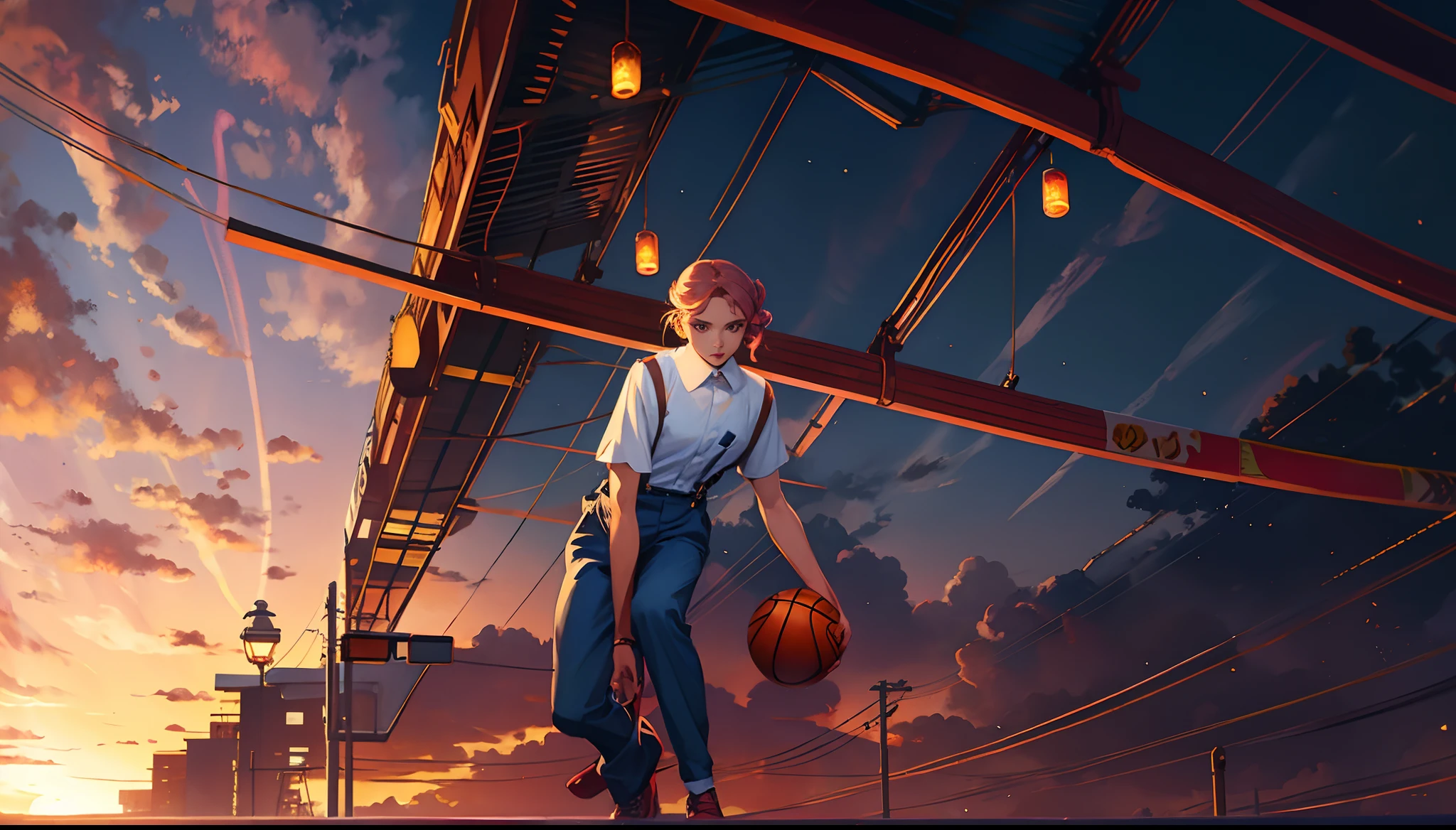 the sunset，eventide，middle parted hairstyle，Suspenders，Left-handed basketball，meteors（Swipe right），There is a small lychee tree in the back