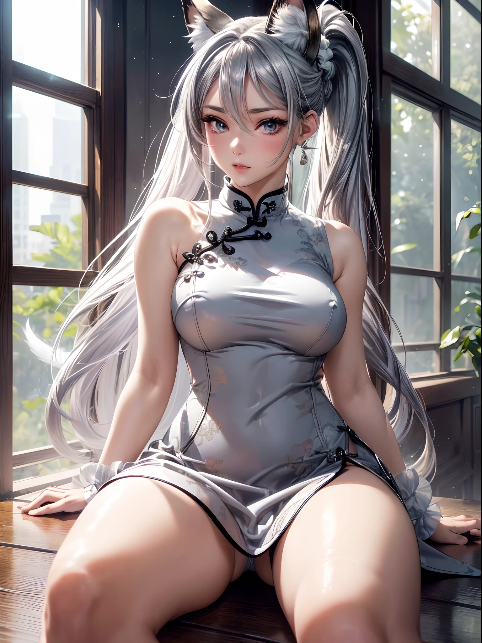 absurderes,(masterpiece、top-quality、8K ),intricate detailes,ultra-detailliert、1 beautiful pale woman,(silber hair:1.2),((fox ear:1.3)),Long ponytail,Mega Ponytail,(qipao dress:1.3),thighs thighs thighs thighs、long eyelashes,(Beautiful and detailed eyes),Glossy lips,Sunlight,(sexy pose:1.2),Hyper realistic,Perfect Anatomy