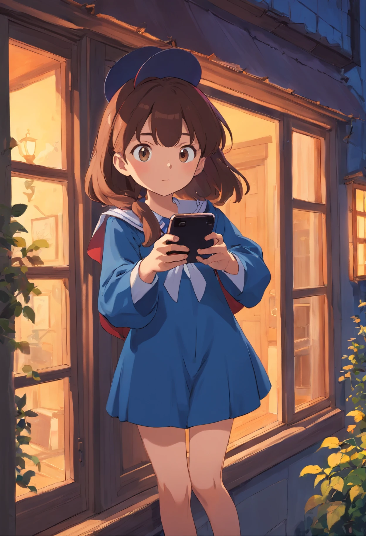 Witch Delivery Service,Girl playing with her phone by the window,Medium length brown hair,The upper part of the body,grieves,Ghibli style,Background of living in Croatia,the night,The light outside the window was dim,The overall tone is blue