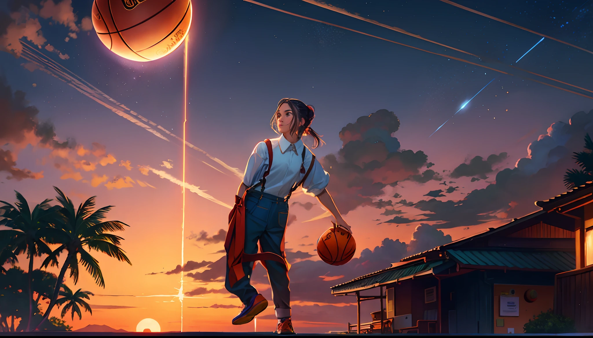 the sunset,eventide,middle parted hairstyle,Suspenders,Left-handed basketball,meteors(Swipe right),There is a small lychee tree in the back