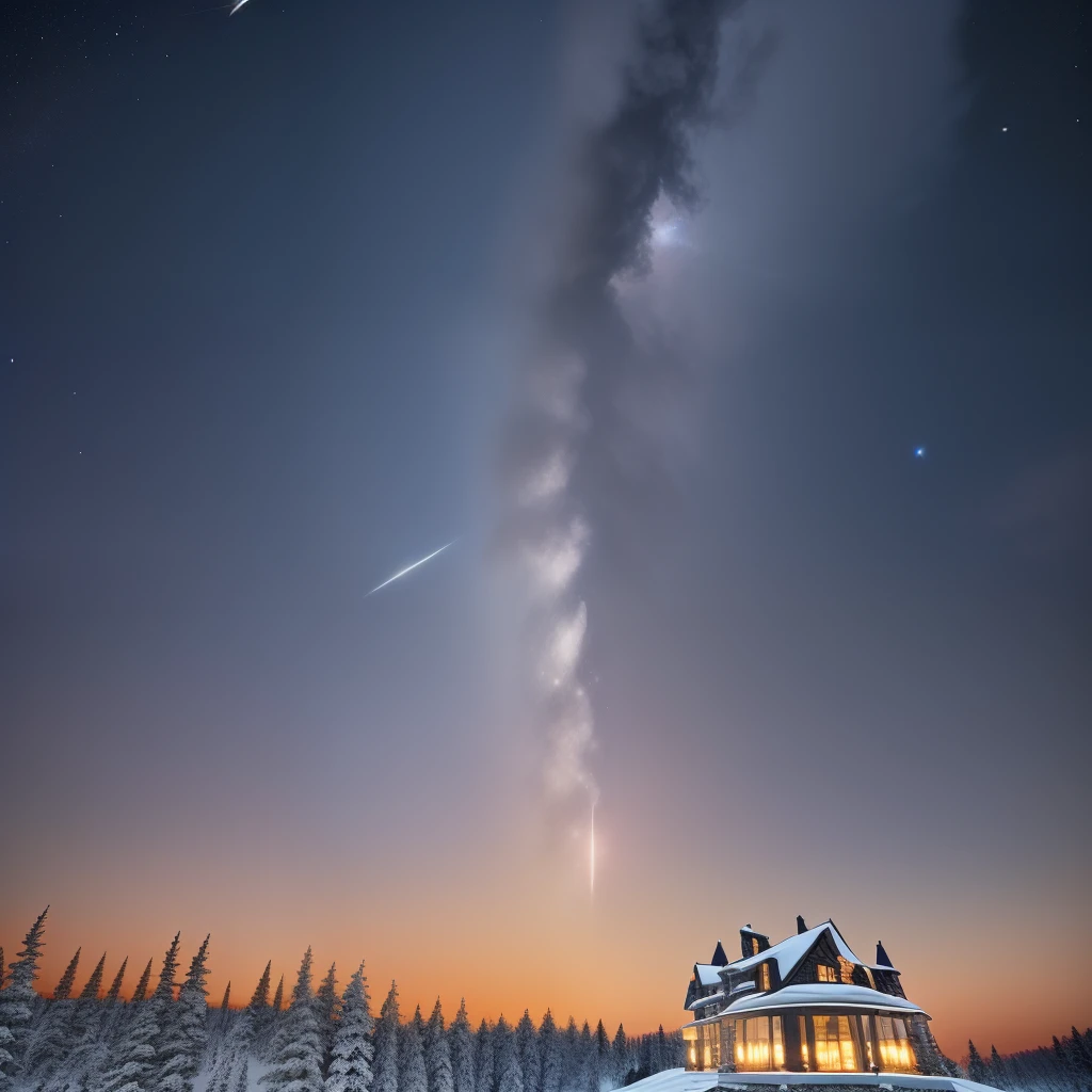 ar=3:4 A huge white meteor falls towards a luxurious manor, the meteor is wrapped in a halo, the meteor exudes golden light, meteor trails, forest, winter, night, layering, mountains --auto --s2