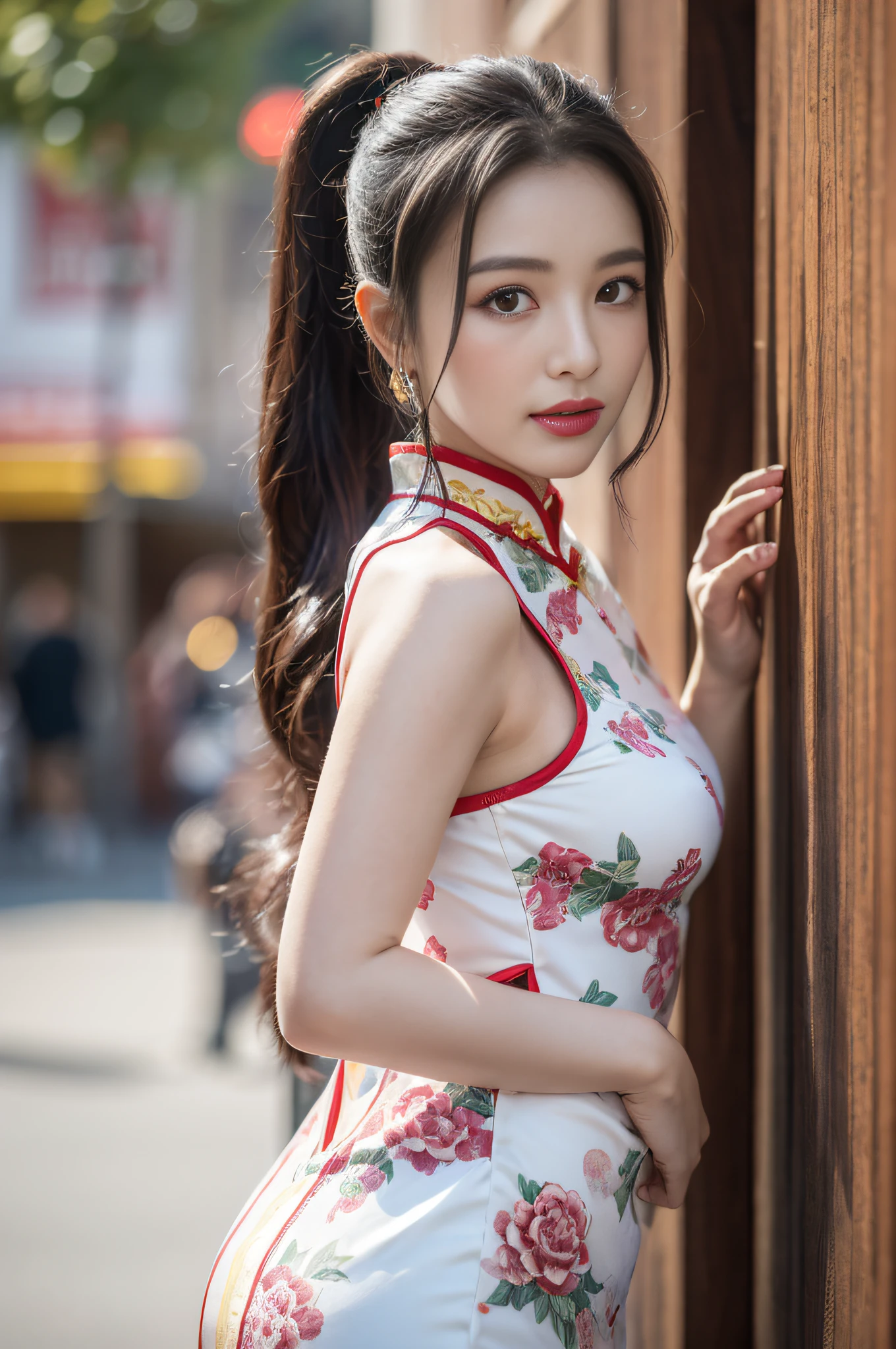 (Hyperrealistic,)4K,35mm,hyper-high detail, Professional lighting, Best quality, Ultra-high resolution, Visually stunning, (1girll:1.3), National style (on cheongsam),realskin,(Perfect body 1.3)Ultra-delicate face。
