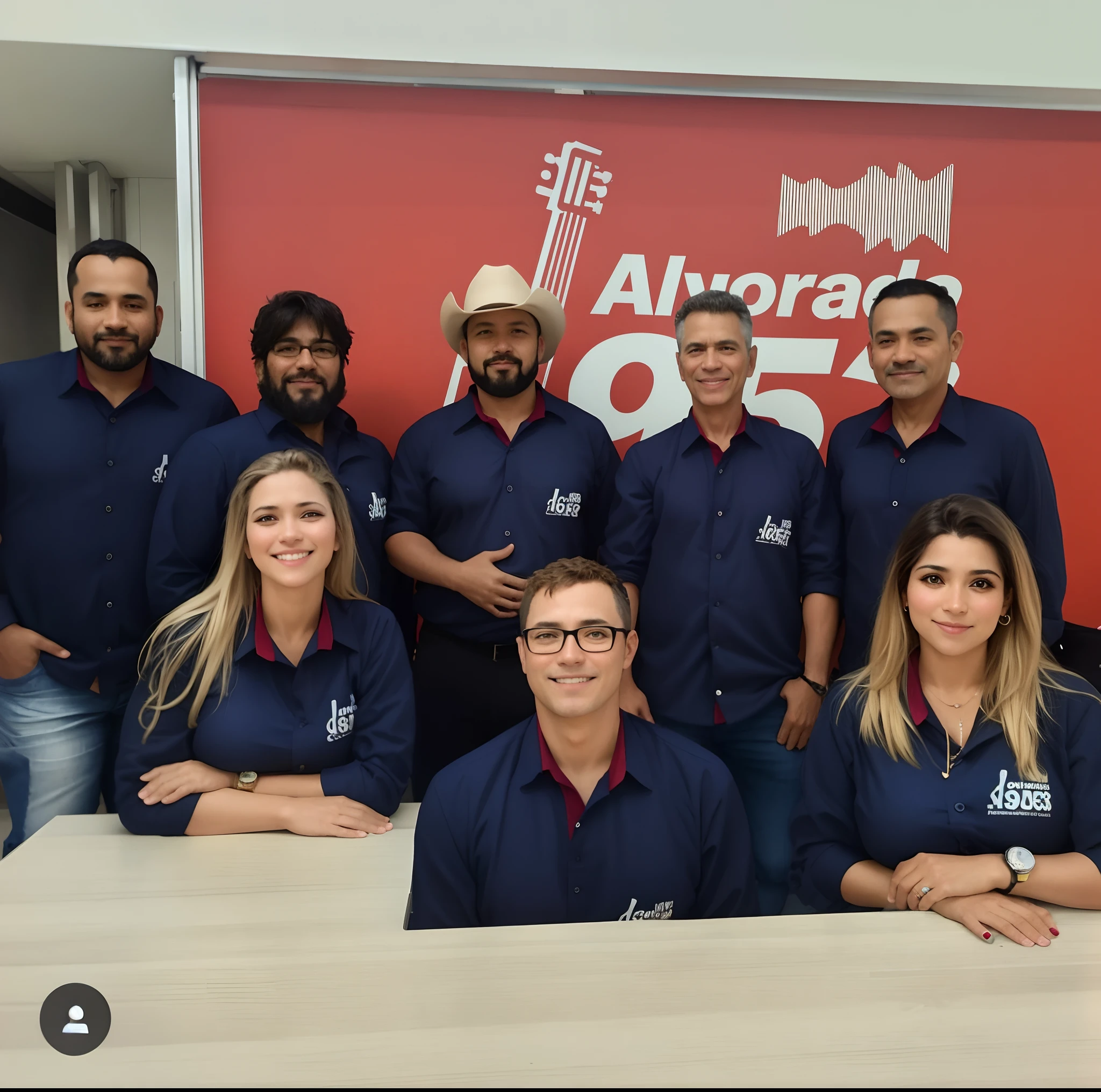 Equipe de pessoas com camisas azuis posando para uma foto,