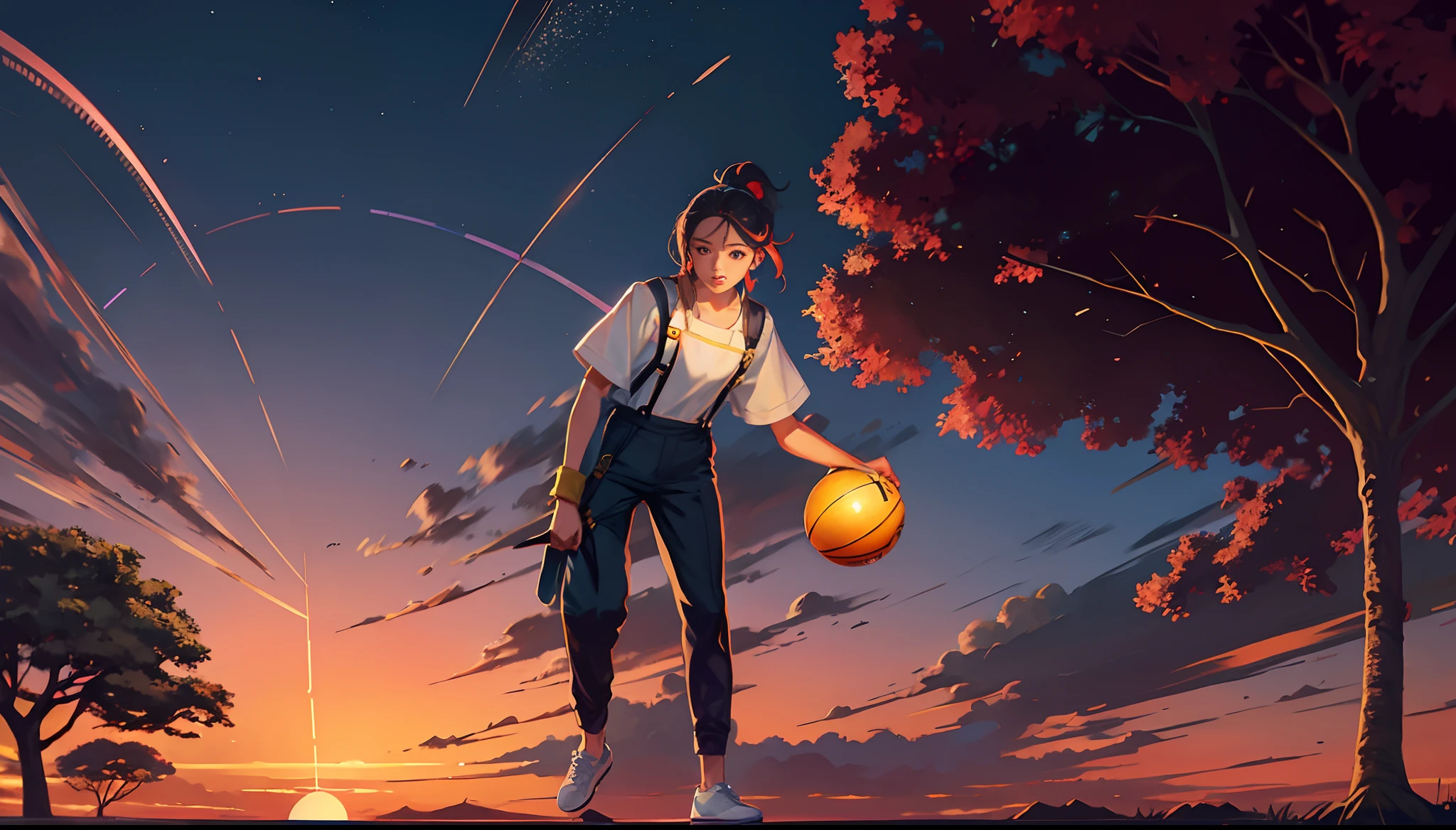 the sunset,eventide,middle parted hairstyle,Suspenders,Left-handed basketball,meteors(Swipe right),There is a small lychee tree in the back