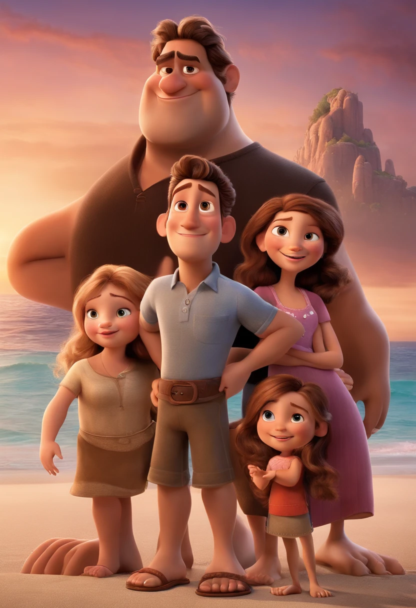 a Disney Pixar movie poster showing a white-skinned family. The father is the tallest, Tem barba curta, loiro, cabelos curtos e espinhosos. The mother has brown eyes and hair, shoulder-length and is slightly overweight. A tem 4 anos e cabelos castanhos, roupa rosa e rabos de cavalo. The background is a beach garden. 3D-rendering
