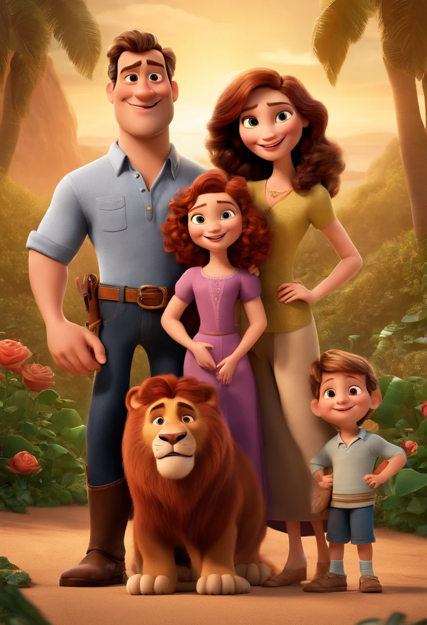 a Disney Pixar movie poster showing a white-skinned family. The father is the tallest, Tem barba curta, loiro, cabelos curtos e espinhosos. The mother has brown eyes and hair, shoulder-length and is slightly overweight. A menina tem 4 anos e cabelos castanhos, roupa rosa e rabos de cavalo. The background is a beach garden. 3D-rendering