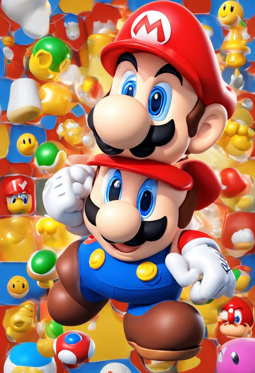(Mario), design de personagens, Nintendo Super Mario, (olhos azuis, red hat, terno vermelho, blue suspenders, luvas brancas, )super bonito estilo caixa cega, Chibi, corpo inteiro, exaggerated expressions and actions, fundo limpo, Destaques iridescentes brilhantes, studio lighting, Atmospheric Illumination, com textura requintada, High detail, high resolution, c4d, ..3d, Liquidificador, 8k, best quality, Ultra High Definition