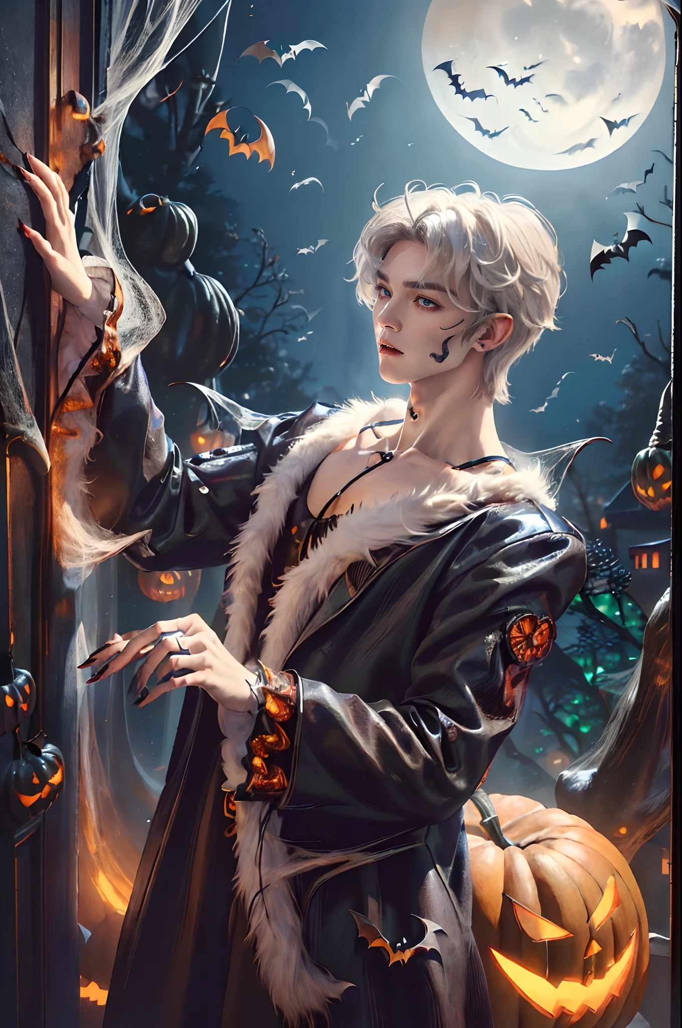 ((4K works))、​masterpiece、（top-quality)、((high-level image quality))、((One Manly Boy))、((Vampire Man))、Slim body、((Fashion of an attractive vampire man))、((Halloween Fashion))、((Halloween costumes))、(Detailed beautiful eyes)、Halloween decorating room、Halloween、Face similar to Chaewon in Ruseraphim、((short hair above the ears))、((Smaller face))、((Neutral face))、((Light brown eyes))、((White hair))、((Korean boy))、((18year old))、((Handsome man))、((Halloween Makeup))、((elongated and sharp eyes))、((Like a celebrity))、Halloween Photography、((Shot alone))、((Shot diagonally from the side))、((Upper body photography))、((Halloween costumes))、((Vampire costume))、Horror Pictures