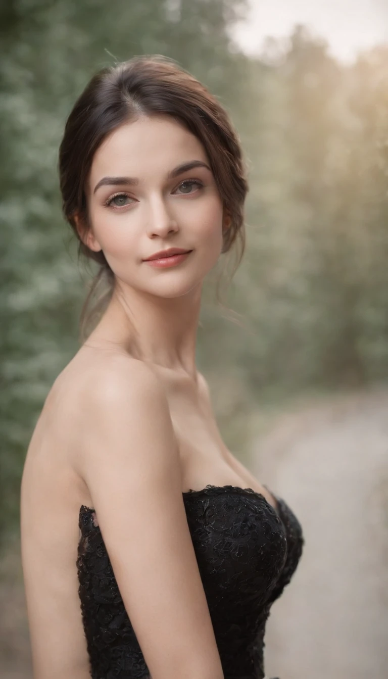 (best quality, masterpiece) an Russian young girl with tight breast size 32B, and amazing body figure with cute face expression, black eyes, looking into camera, black hairs, smiling face and a super nude dress showing her breasts.