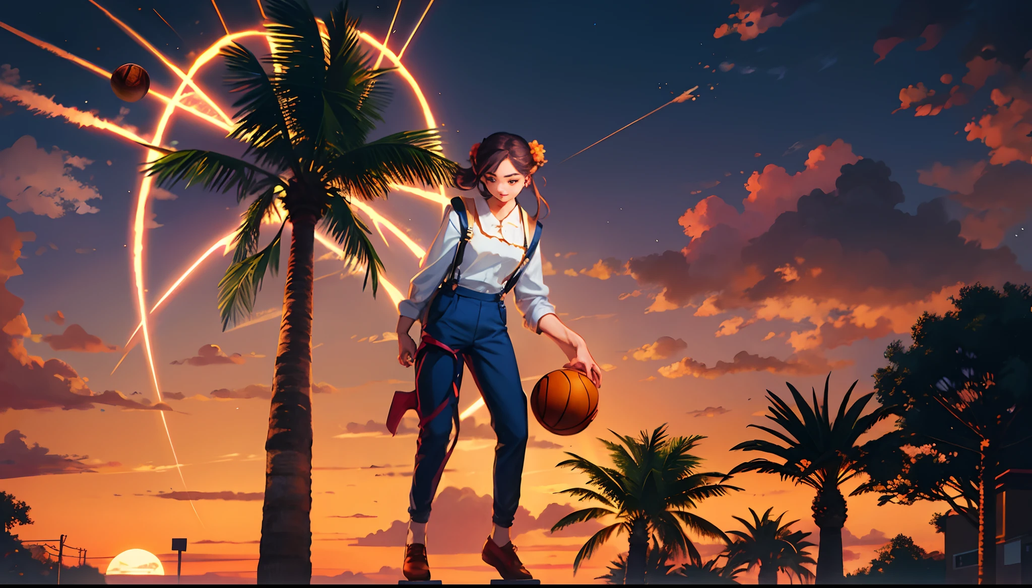 the sunset，eventide，middle parted hairstyle，Suspenders，Left-handed basketball，meteors（Swipe right），There is a small lychee tree in the back