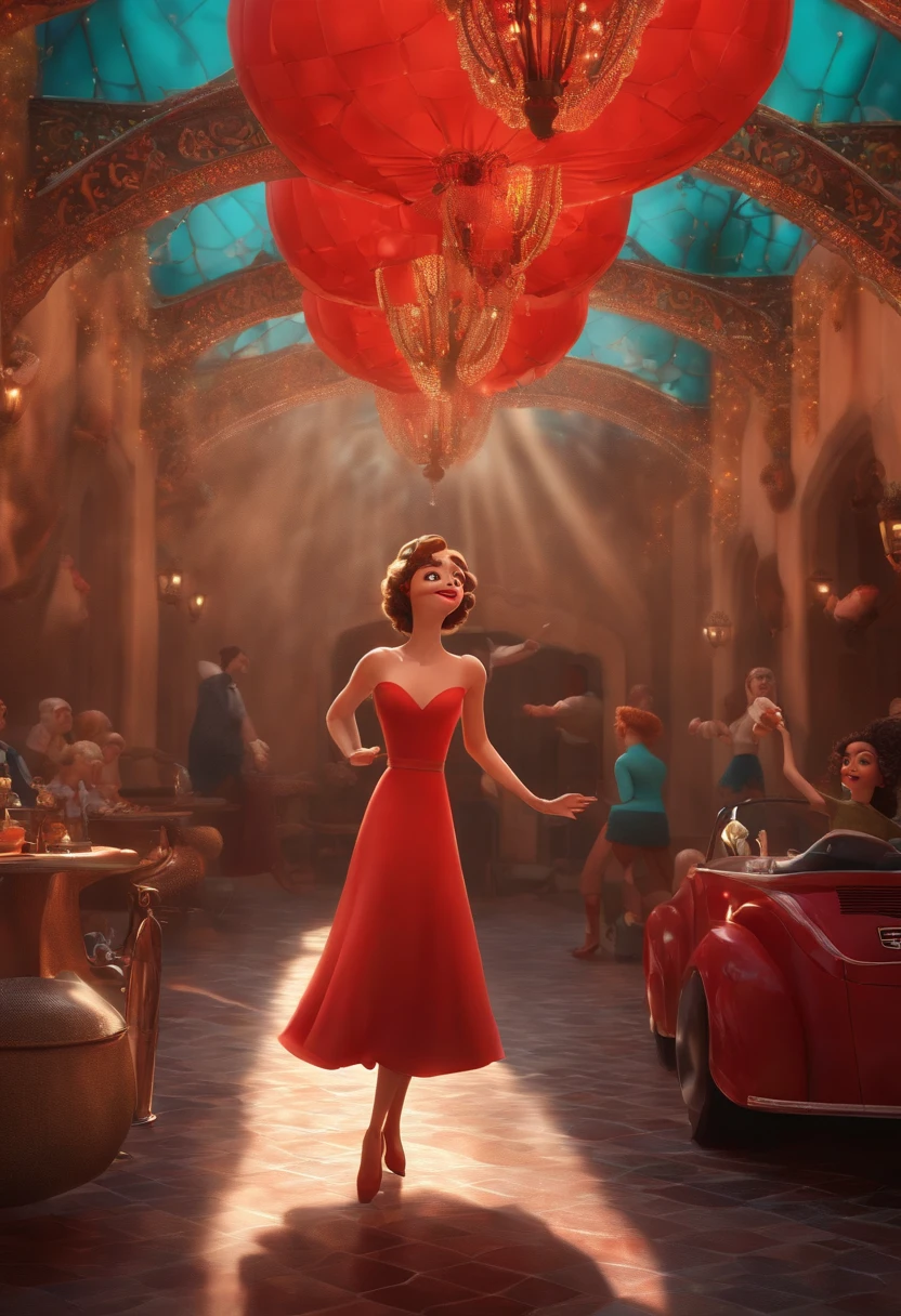 "(best quality,ultra-detalhado,Realistic:1.37),3D rendering,illustration,design de personagens,cabelos curtos e cacheados escuros,belos olhos detalhados,wearing red glasses,Estilo Pixar,morena mulher,Dancing on the Disney stage,atmosfera animada,vivid colors,luzes de palco,expression joyful"