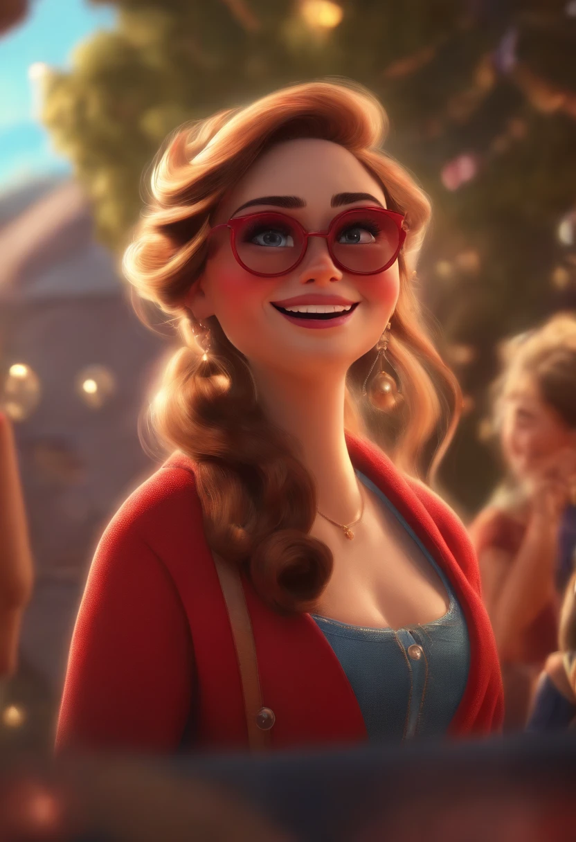 "(best quality,ultra-detalhado,Realistic:1.37),3D rendering,illustration,design de personagens,cabelos curtos e cacheados escuros,belos olhos detalhados,wearing red glasses,Estilo Pixar,morena mulher,Dancing on the Disney stage,atmosfera animada,vivid colors,luzes de palco,expression joyful"
