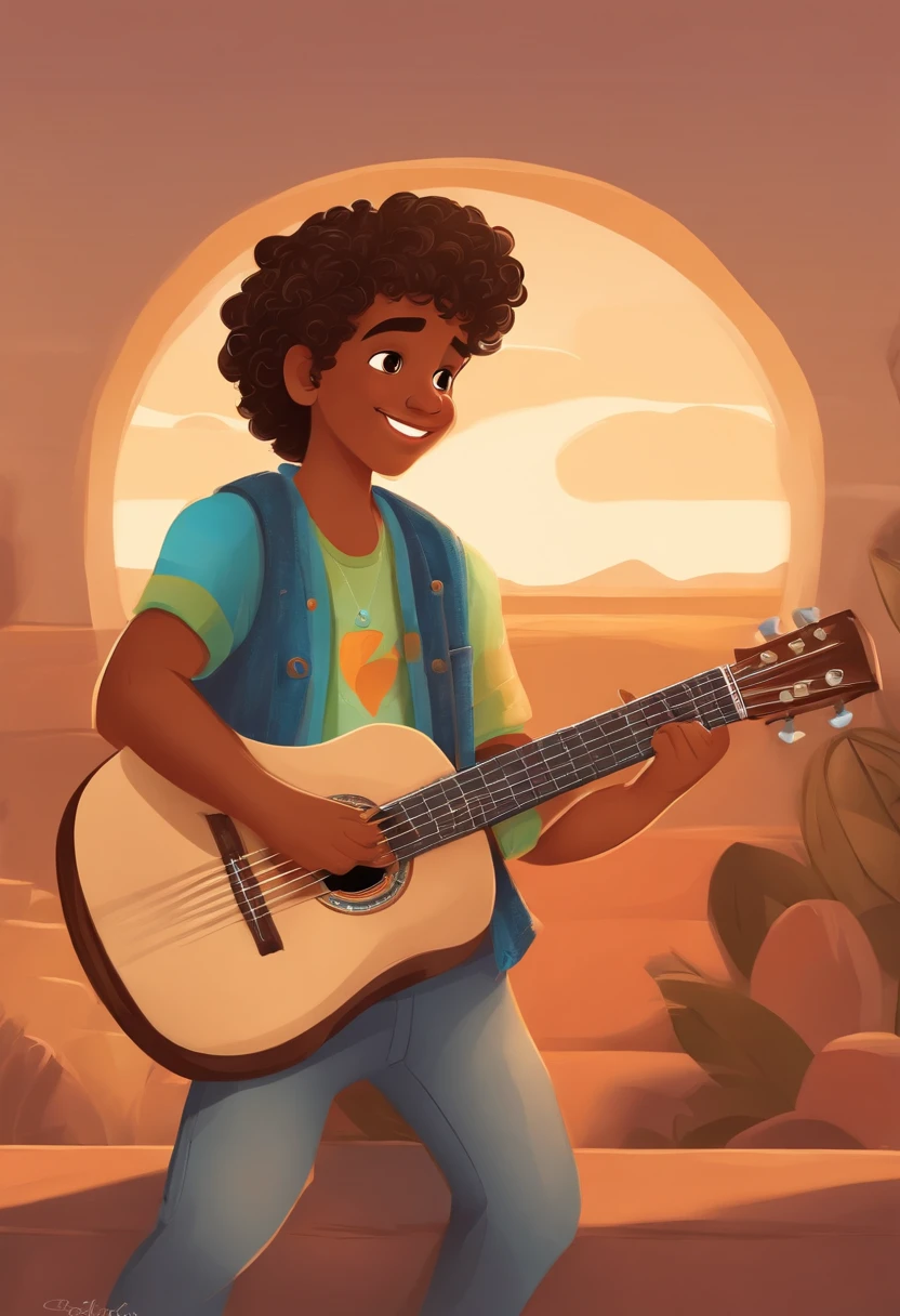 crie um banner no estilo Pixar. A boy with Indian features, moreno pardo com cabelos curtos, Castanhos escuros, Curly and slightly grayish appearance, mas jovem, usando uma camiseta, Wearing jeans and holding a classical guitar with 7 strings.
