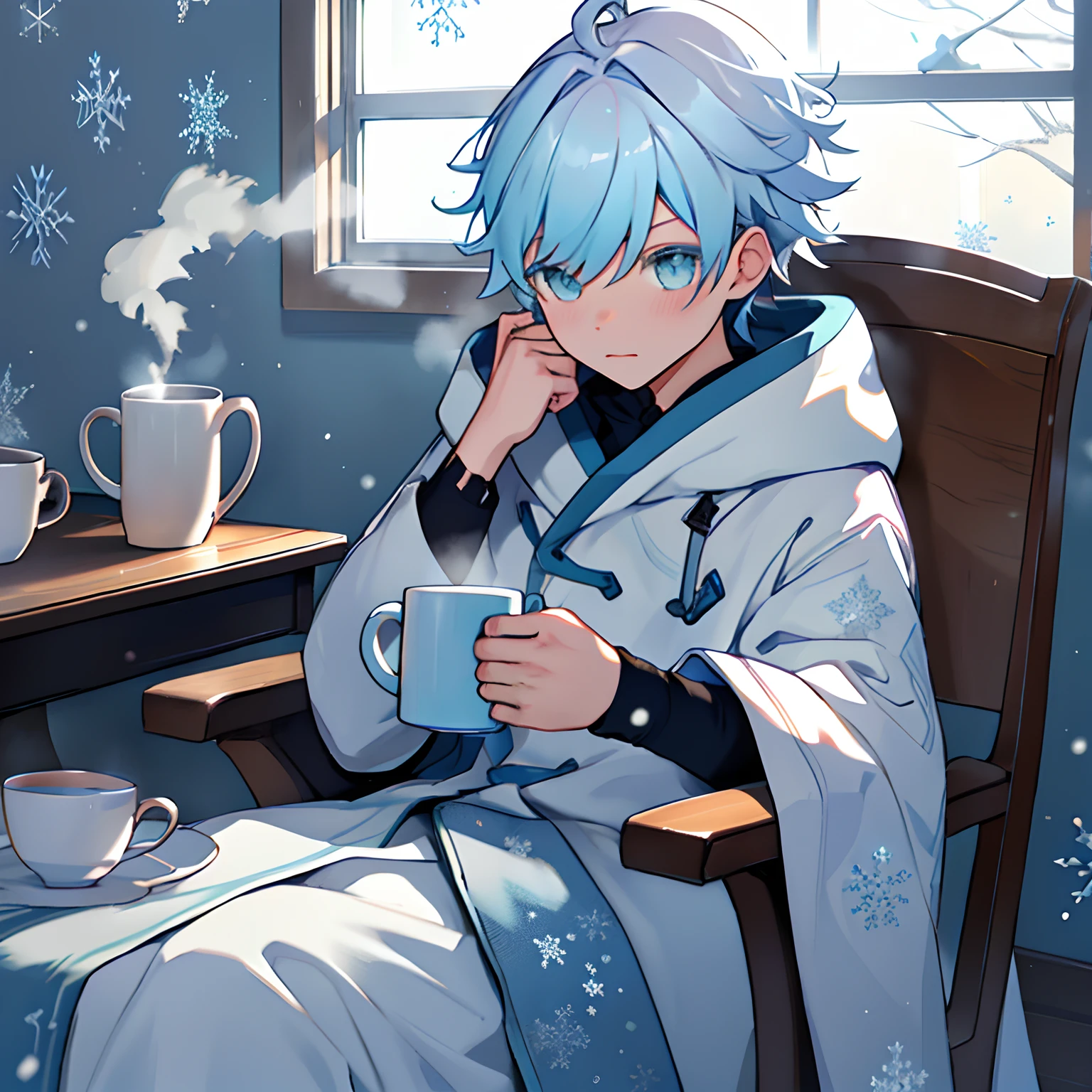 (Extremely detailed CG Unity 8k wallpaper, Best quality, 巨作), Fluorescent floating snowflakes float outside the window，One person sits in an adaptive chair，Head sideways，Covered with a fleece blanket，Warm mug in hand。The texture of the blanket is real，Steam and snowflakes on mugs reflect the fluorescence outside the window。The scene is quiet、Warm theme。