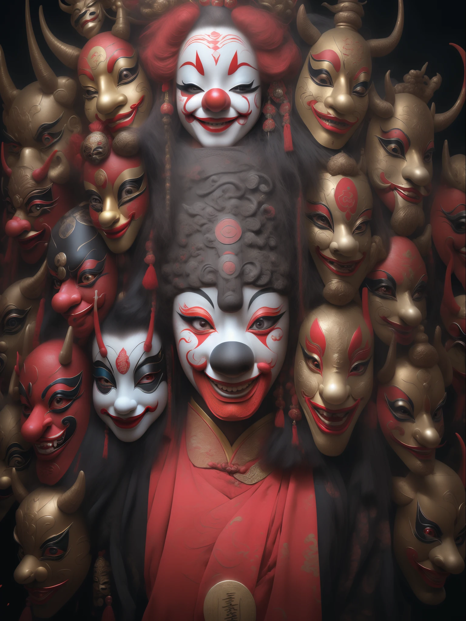 (A close-up of an actor being exaggeratedly laughed at by a Sichuan opera clown),The upper part of the body,Center the face,Big red nose,Big red nose,Panda makeup,Smoky makeup,crazy, clown face,Clown makeup, (Sichuan Opera and Peking Opera,masks), Sichuan opera, Classic repertoire, Masquerade masks,golden colored,red colour,colorful mask,Evil smile, Open your mouth and laugh,Black P masquerade mask, with detailed facial features, drama masks, Realistic, (Left and right asymmetry)
Masterpiece, Intricate details,hyper HD, Masterpiece, ccurate, Anatomically correct, Textured skin, High details, Award-Awarded, High quality, A high resolution, Best quality, 8K