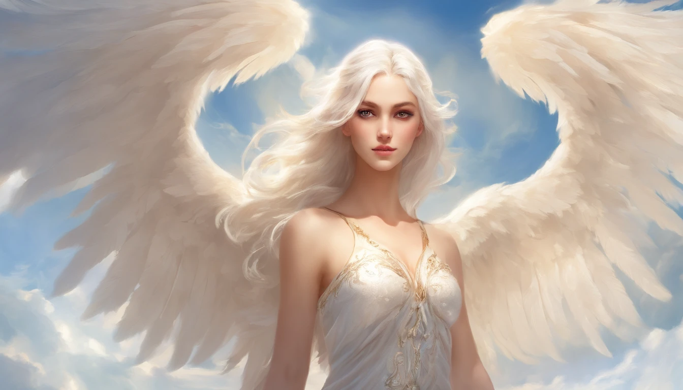 Fantasy Art; Glorious Beautiful angel Seraphin in Heaven; Striking eyes; Shapely body with giant bust; Provoc Fantasy Art; Straight Light White Hair; Sexy; Fantasy in Sky Background; Magically Glowing; UHD
