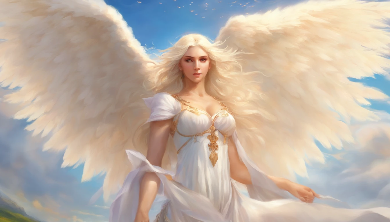 Fantasy Art; Glorious Beautiful angel Seraphin in Heaven; Striking eyes; Shapely body with giant bust; Provoc Fantasy Art; Straight Light White Hair; Sexy; Fantasy in Sky Background; Magically Glowing; UHD