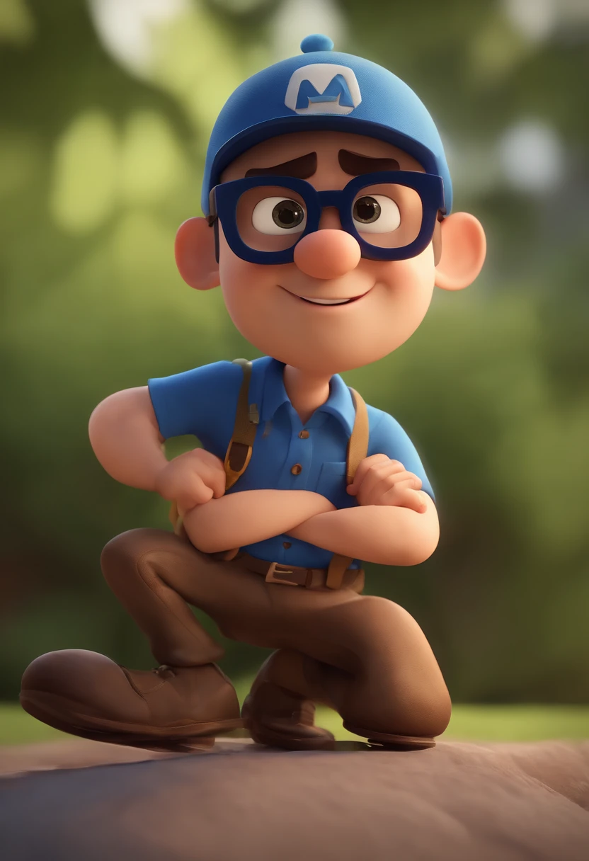 Cartoon character of a man wearing black glasses and a blue shirt, um personagem animado, Caractere estilizado, animation style rendering, 3D estilizado, Arnold Maya render, 3 d render stylized, toon render keyshot, Personagem 3D, Personagem 3D, 3d rendering stylized, 3 d character render, personagem de desenho animado, Personagem de close up, Pose de personagem, (Estilo Pixar) (master part:1.2) (Bokeh) (best quality) (pele detalhada) (textura detalhada) (8k) (argila) (Cinematic lighting) (foco nítido,Senta e vaza a parte superior do corpo