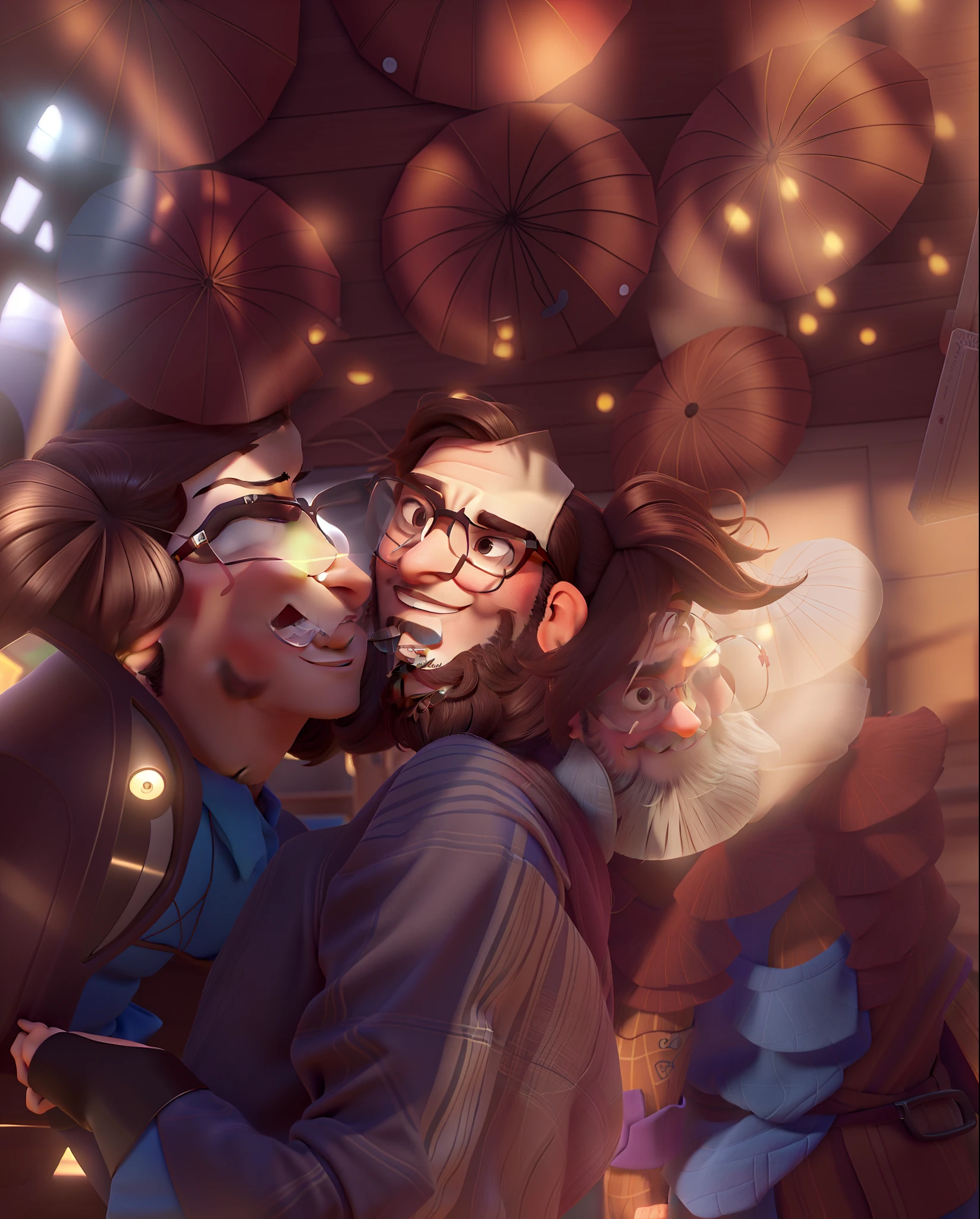 Casal (Brunette man with glasses and beard, e mulher branca) no estilo Disney Pixar, alta qualidade, melhor qualidade.