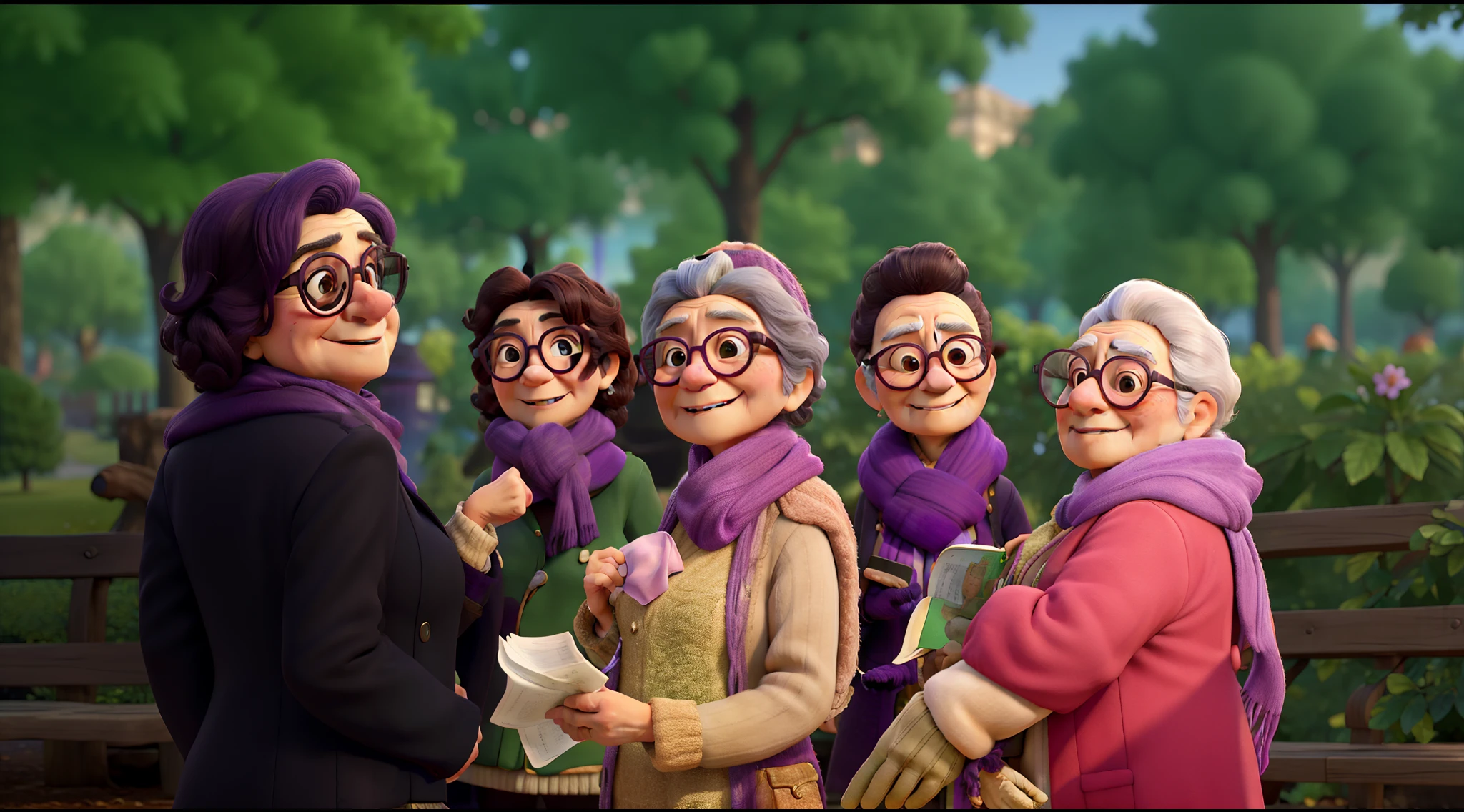 masterpiece, best quality, an old woman with glasses and a scarf on, wearing a purple coat and green scarf, standing at the park