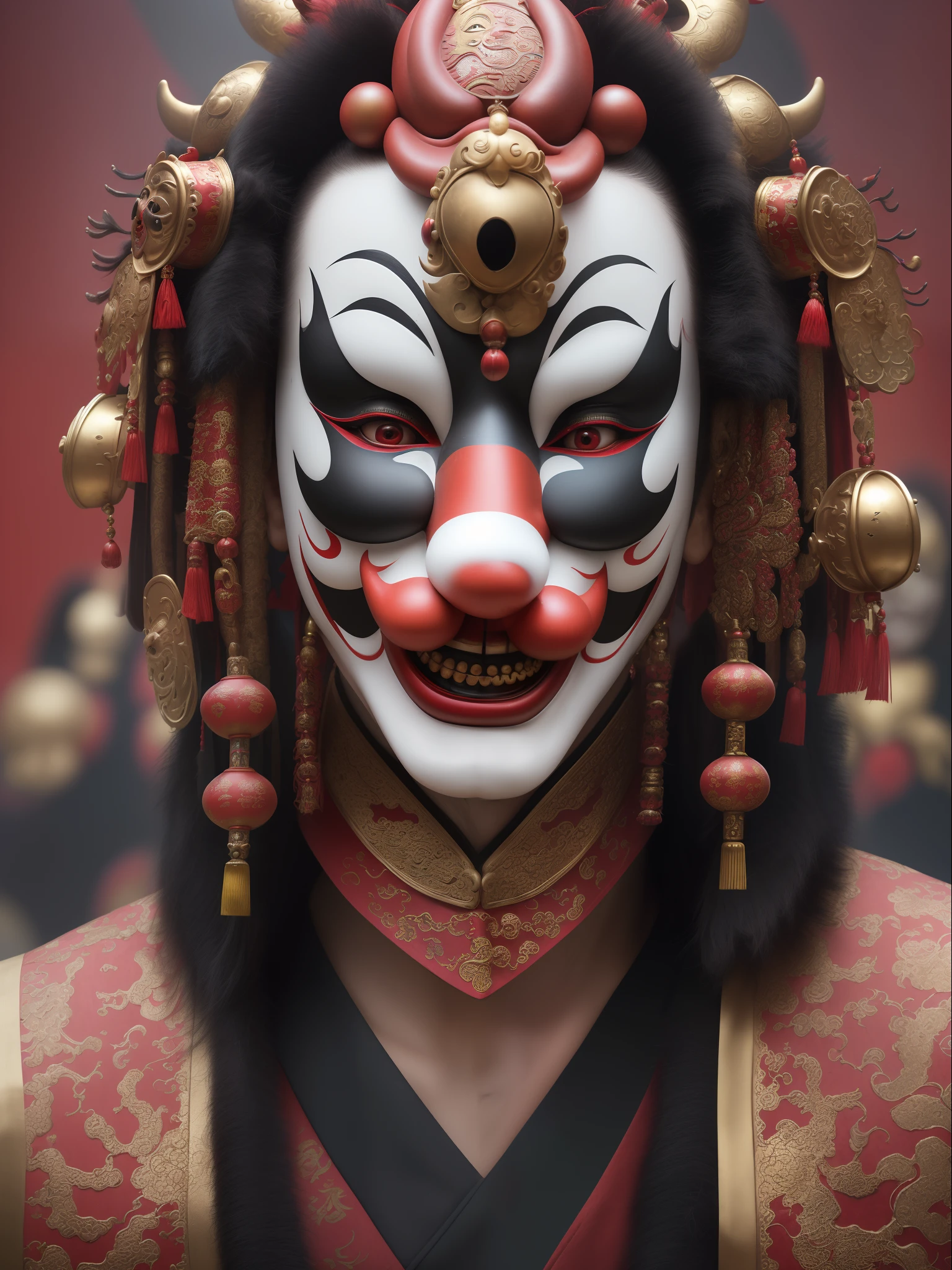 (A close-up of an actor being laughed exaggeratedly by a Sichuan opera clown),The upper part of the body，Exaggerated，Big red nose，Big red nose，Panda makeup，Smoky makeup，crazy, clown face，Clown makeup (Sichuan opera mask）, beijing opera, Sichuan opera, Classic repertoire, Masquerade masks，golden colored，Big red，colorful mask，Evil smile, Open your mouth and laugh，Black P masquerade mask, with detailed facial features, drama masks, Realistic, (Left and right asymmetry)
Masterpiece, Intricate details,hyper HD, Masterpiece, ccurate, Anatomically correct, Textured skin, High details, Award-Awarded, High quality, A high resolution, Best quality, 8K