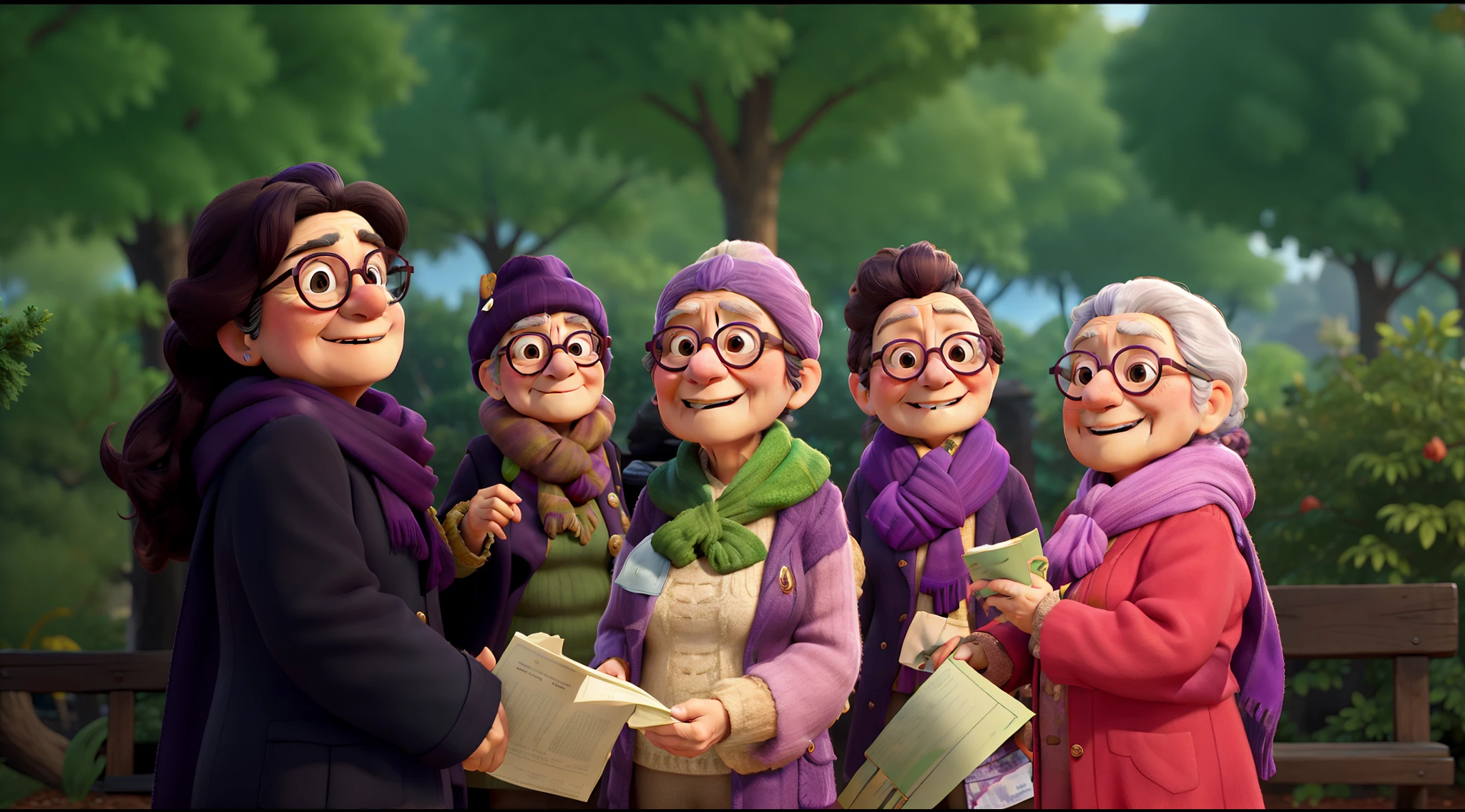 masterpiece, best quality, an old woman with glasses and a scarf on, wearing a purple coat and green scarf, standing at the park