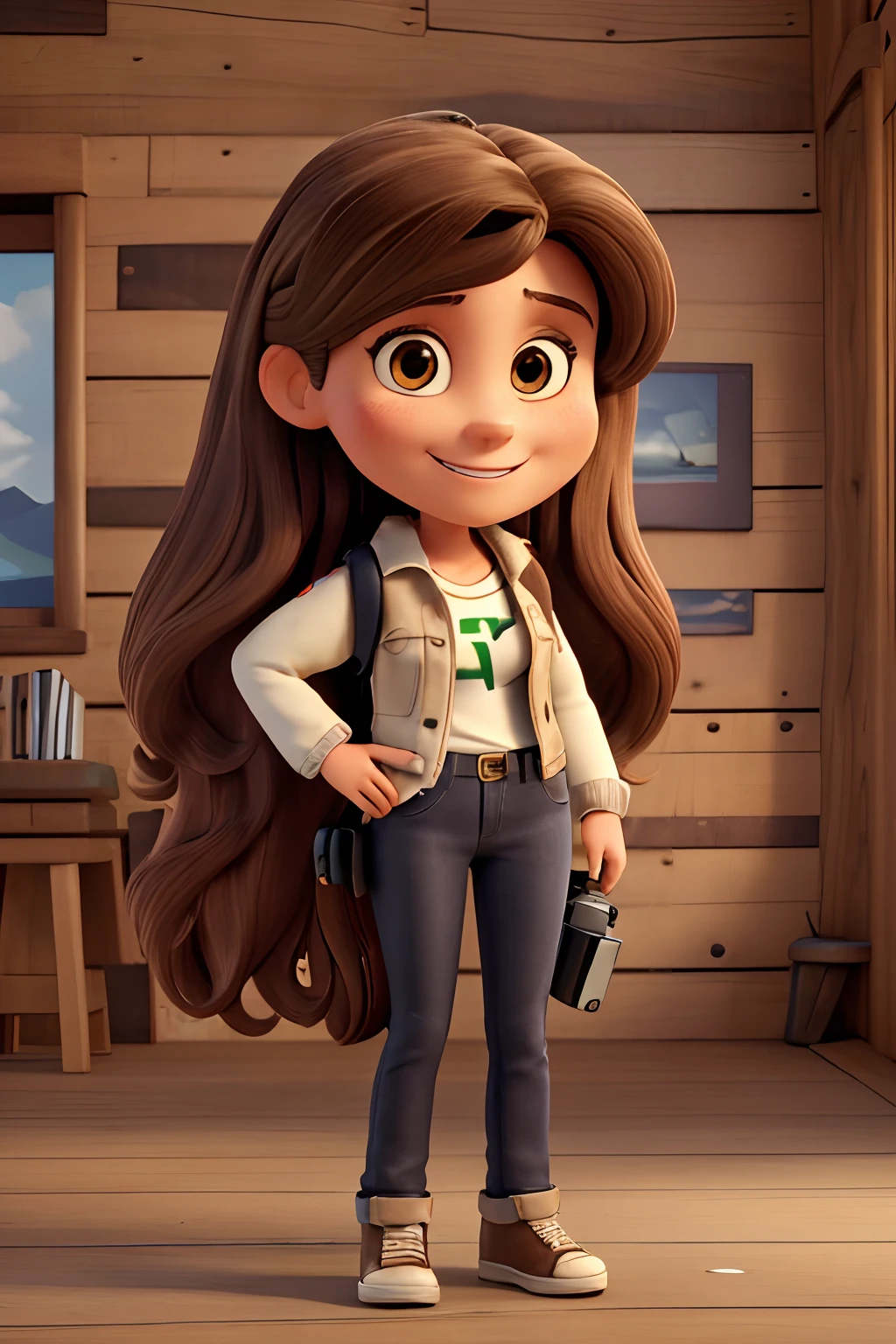 Masterpiece, of the best quality, a 30-year-old woman with long straight brown hair, light brown eyes, black pants, denim jacket and white allstar, carrying a camera at Banff Lake Canada. The features of the face are big smile, happy appearance, squarer chin with a slit in the middle, italian nose.