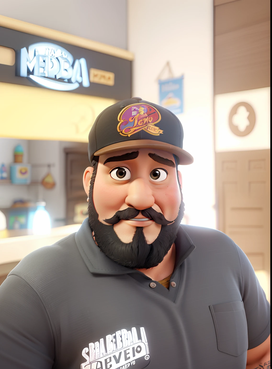 Poster no estilo Disney pixar, alta qualidade, melhor qualidade, homem sexy negro, 37 years of black beard cap, meio gordo, com fundo em uma barbearia