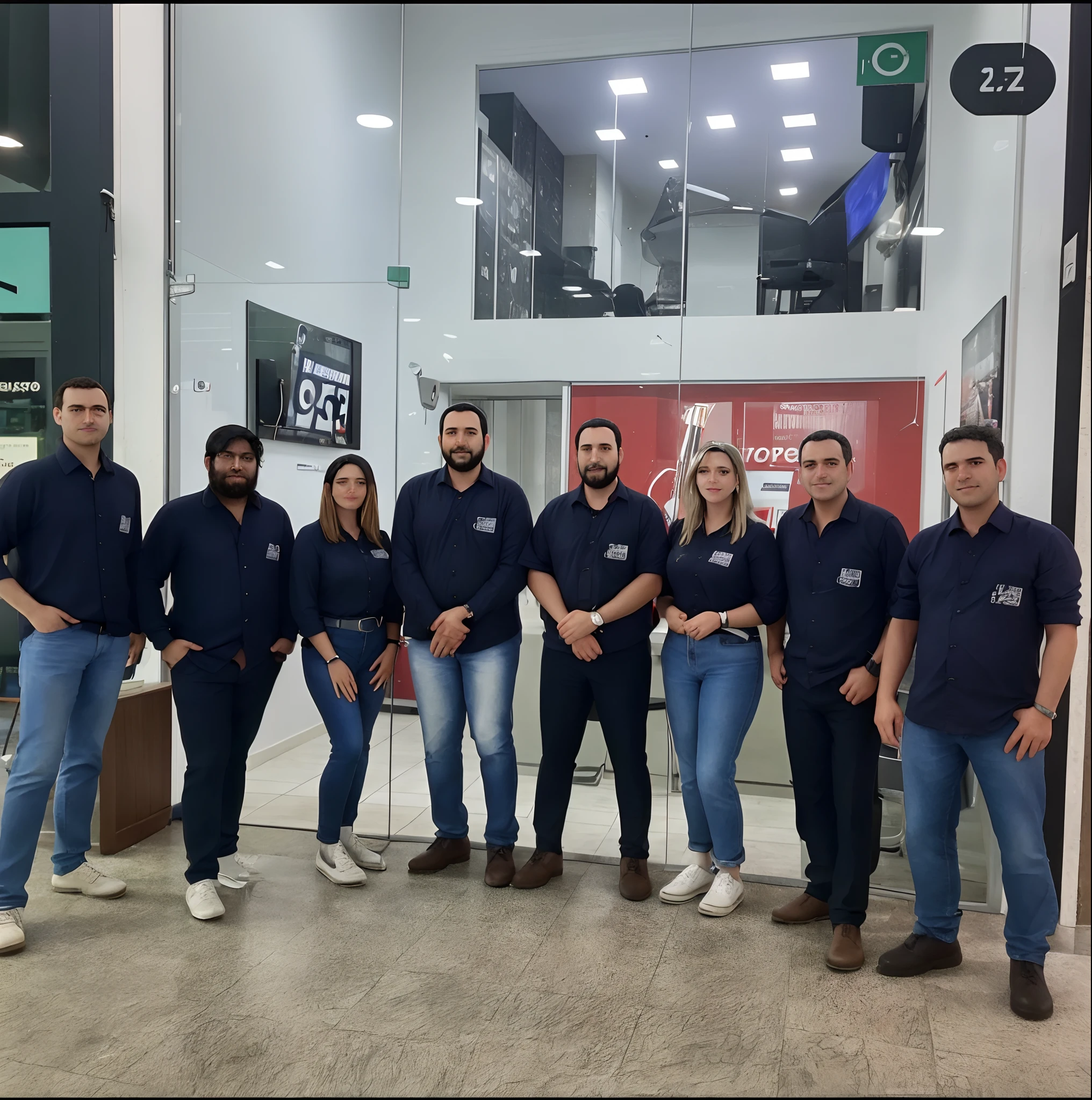 Grupo de pessoas em frente a uma emissora de radio chamada alvorada 95 fm,