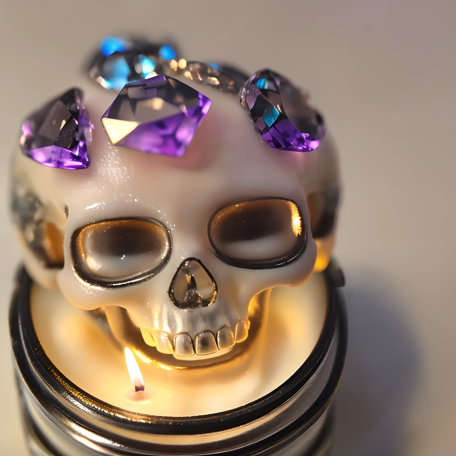 (chibi:1.3),(fine touch:1.2), (line art,aesthetic art,soft tone:1.3), (top quality, detailed, absurd-res,8k,RAW-photo,hi-res,photo realistic,official art:1.2), (Detailed crystal skull head, in a candle, it's skull laughs,grin,half-opened mouth:1.3), Solo, (subjective perspective),(miniature:1.75).
