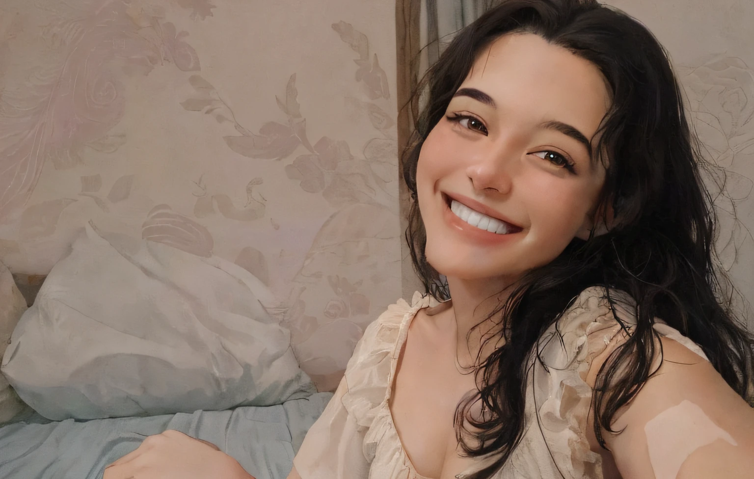 Mulher sorridente no vestido branco sentado na cama com edredom azul, Mulher de 25 anos do Brasil, She is grinning, happily smiling at the camera, bonito e sorridente, sorrindo sedutoramente, selfie de uma jovem mulher, lovely smile, she is smiling and happy, she is smiling and excited, estilo disney pixar
