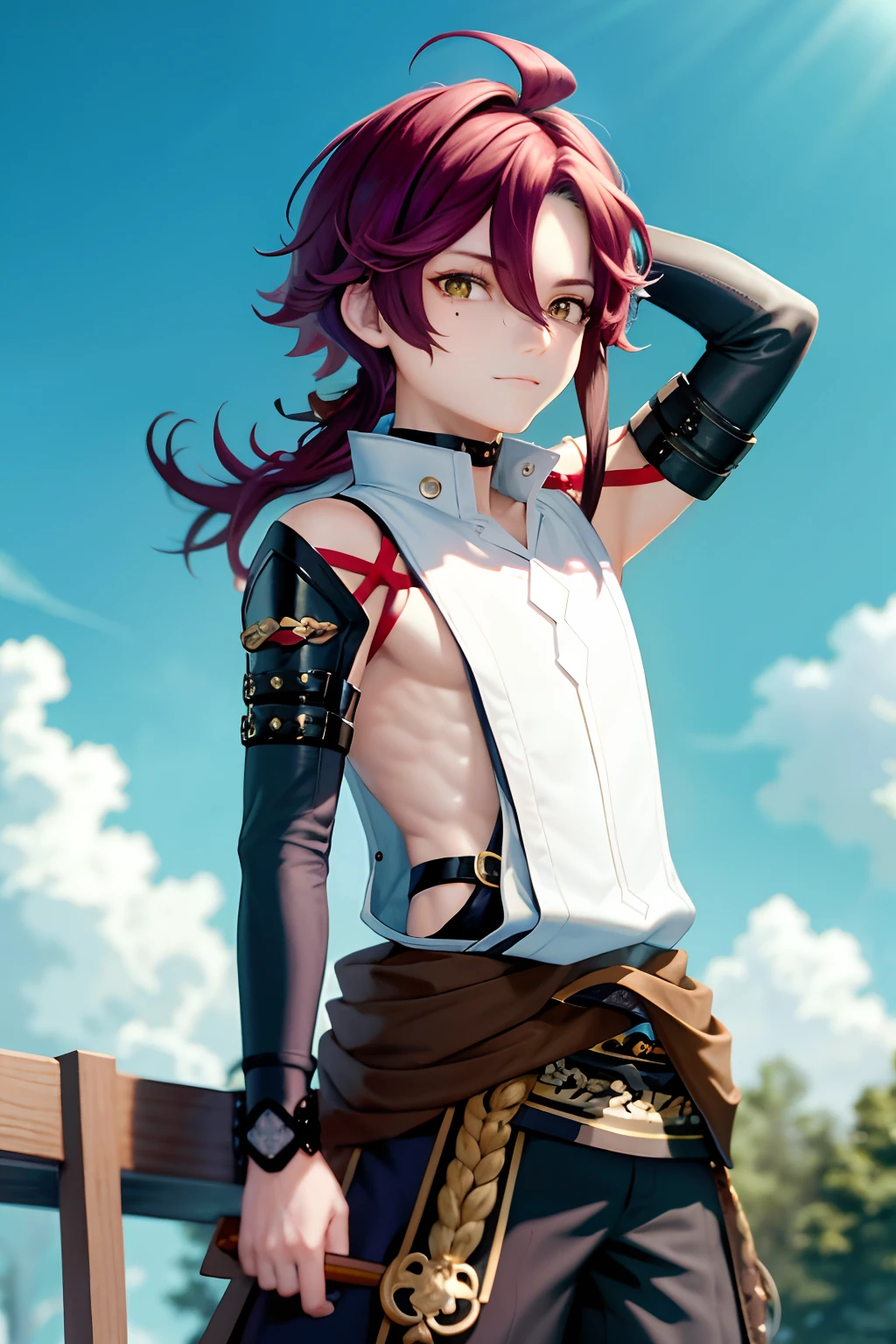 masterpiece, best quality,Shikanoin Heizou (genshin impact), 1boy, male focus, kurokote, green eyes, kote, multicolored hair, mole under eye, red hair, solo, mole, black choker, japanese armor, looking at viewer, choker, armor, streaked hair, aiguillette, sleeveless, ahoge, long hair, low ponytail,(kbxll:0.6)