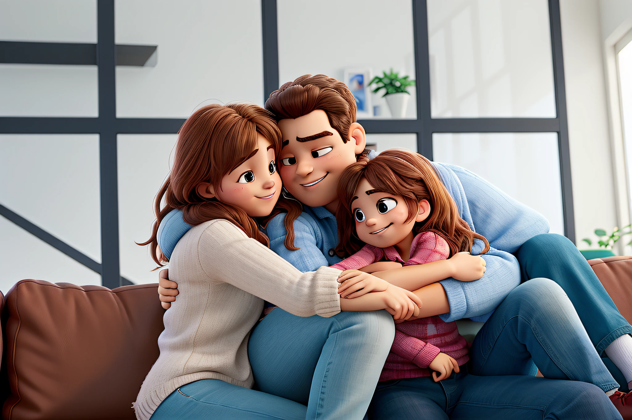 Family sitting on couch all hugging each other Disney Pixar style, alta qualidade, melhor qualidade