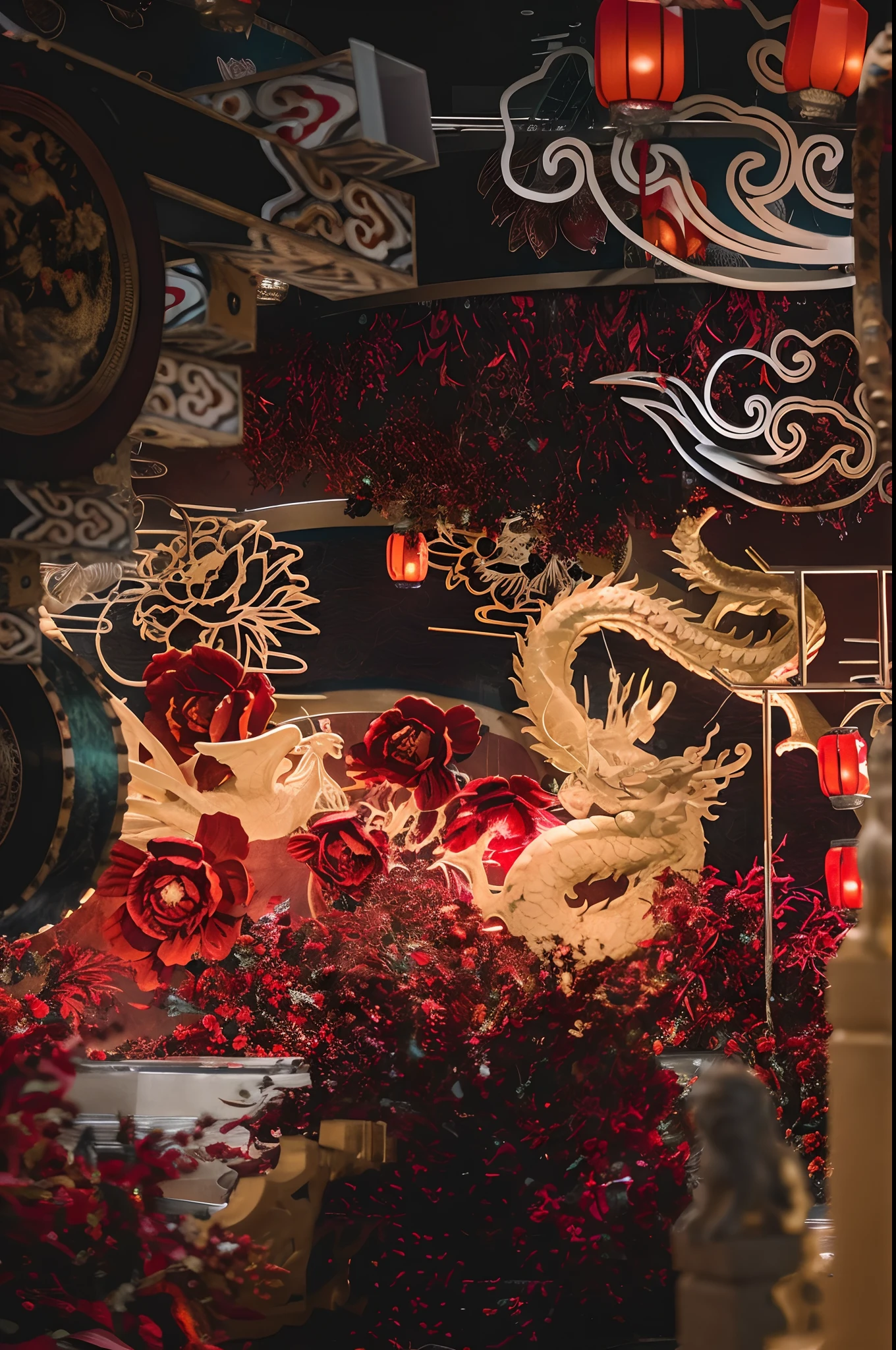 (best quality,4k,8k,highres,masterpiece:1.2),ultra-detailed,(realistic,photorealistic,photo-realistic:1.37),red and gold decor displayed,chinese silk 3D dragon,golden dragon and golden phoenix statues,dramatic flying giant dragon above their heads,chinese style,chinese dragon fighting,fiery explosions in a magnificent display,chinese ancient aesthetics,dragon breathing fire, majestic japanese dragon, gigantic dragon as the backdrop