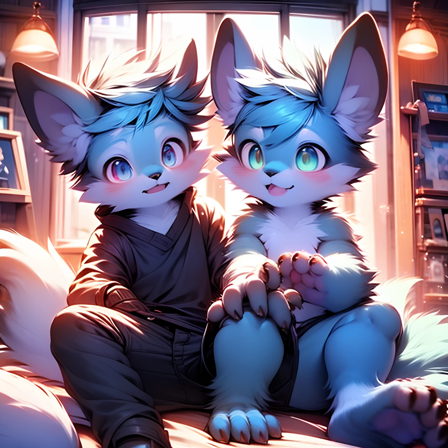 (Cute white furry wolf boy 1.1),(Cute blue furry wolf boy 1.1)Same picture,hug together,Lying in bed,Diapers,blush,sleep,瑟瑟。